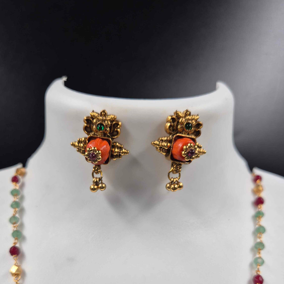 Orange coral pendant Set with Red Green Beads