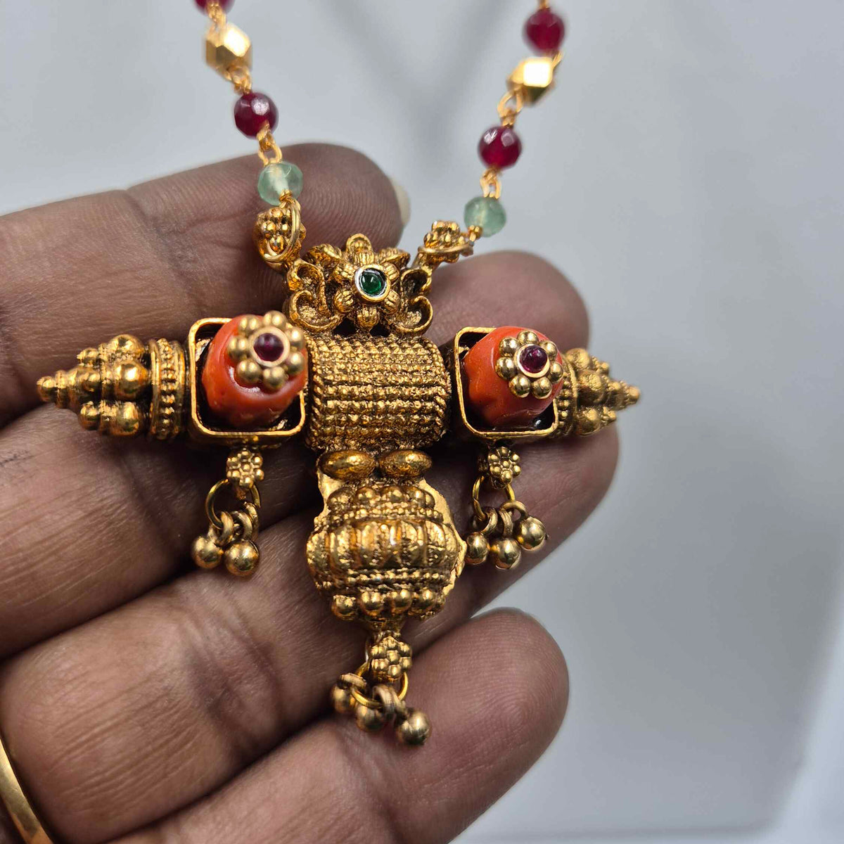 Orange coral pendant Set with Red Green Beads