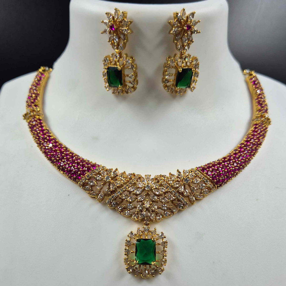 AD Stone Set with Pink and Green Stones and Earrings