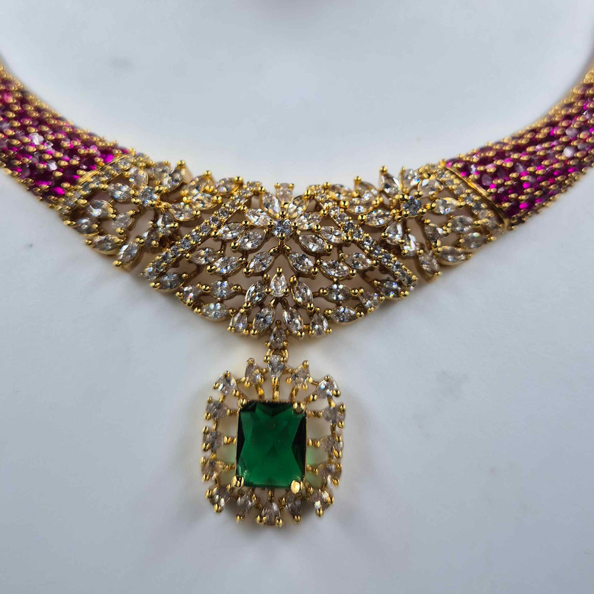 AD Stone Set with Pink and Green Stones and Earrings