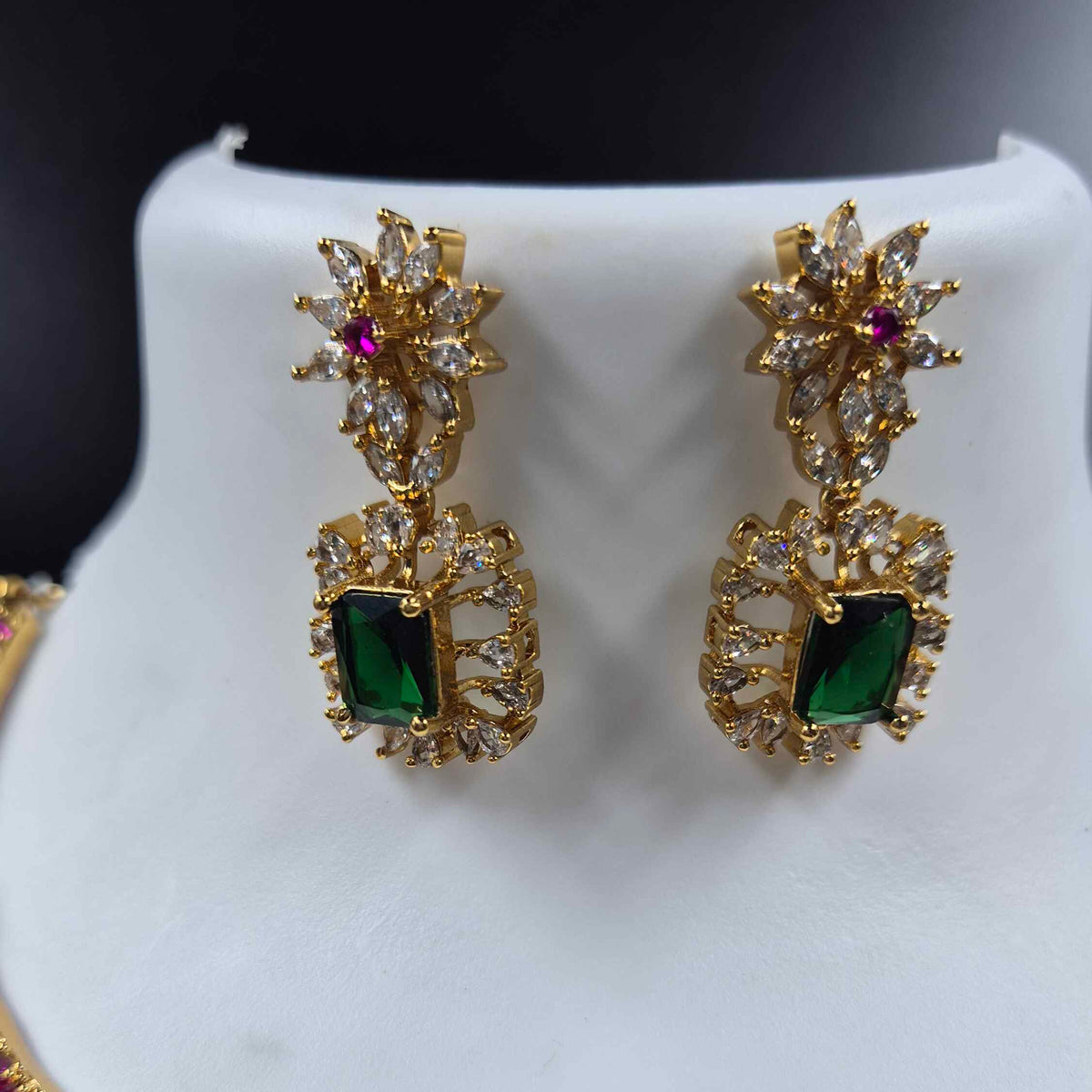 AD Stone Set with Pink and Green Stones and Earrings