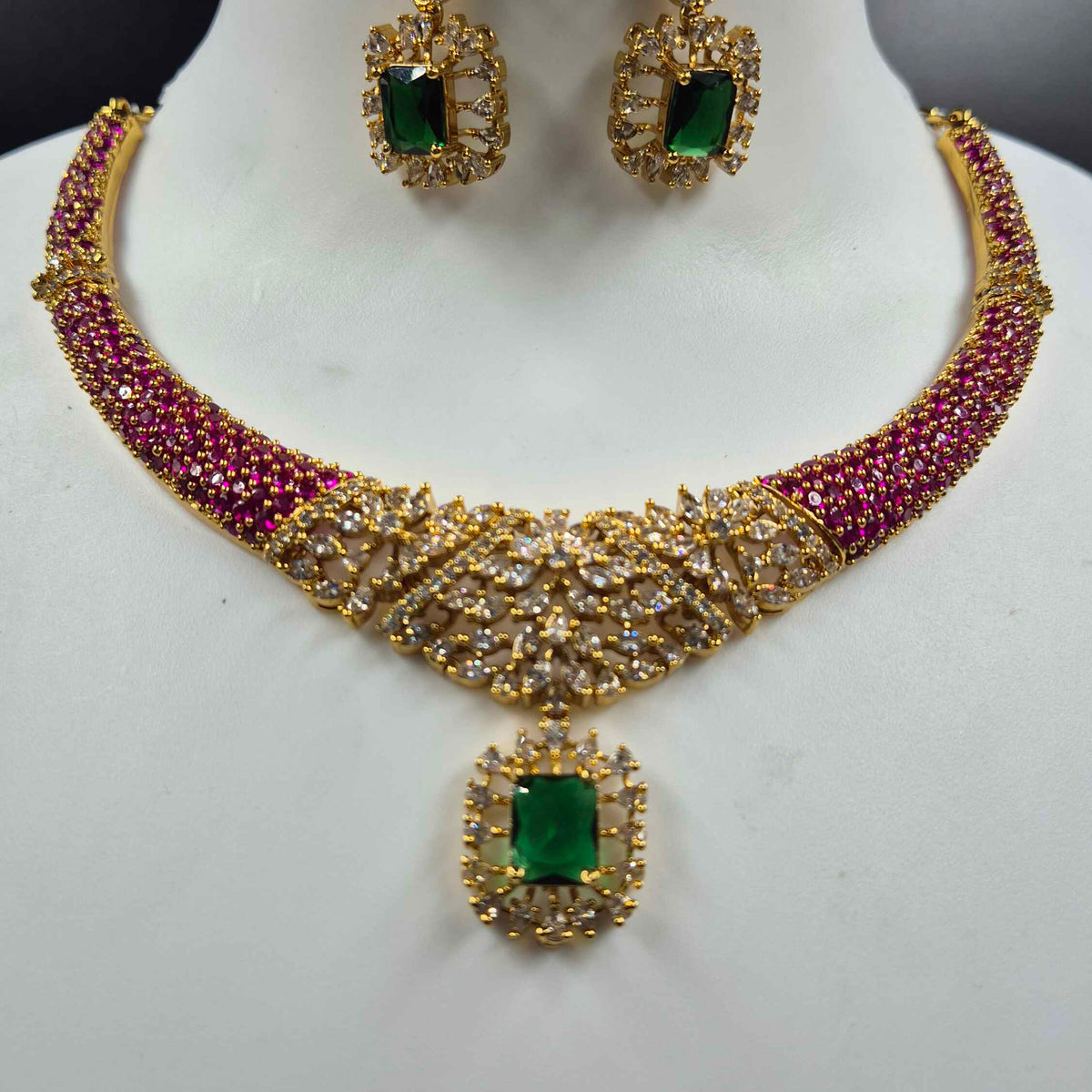 AD Stone Set with Pink and Green Stones and Earrings