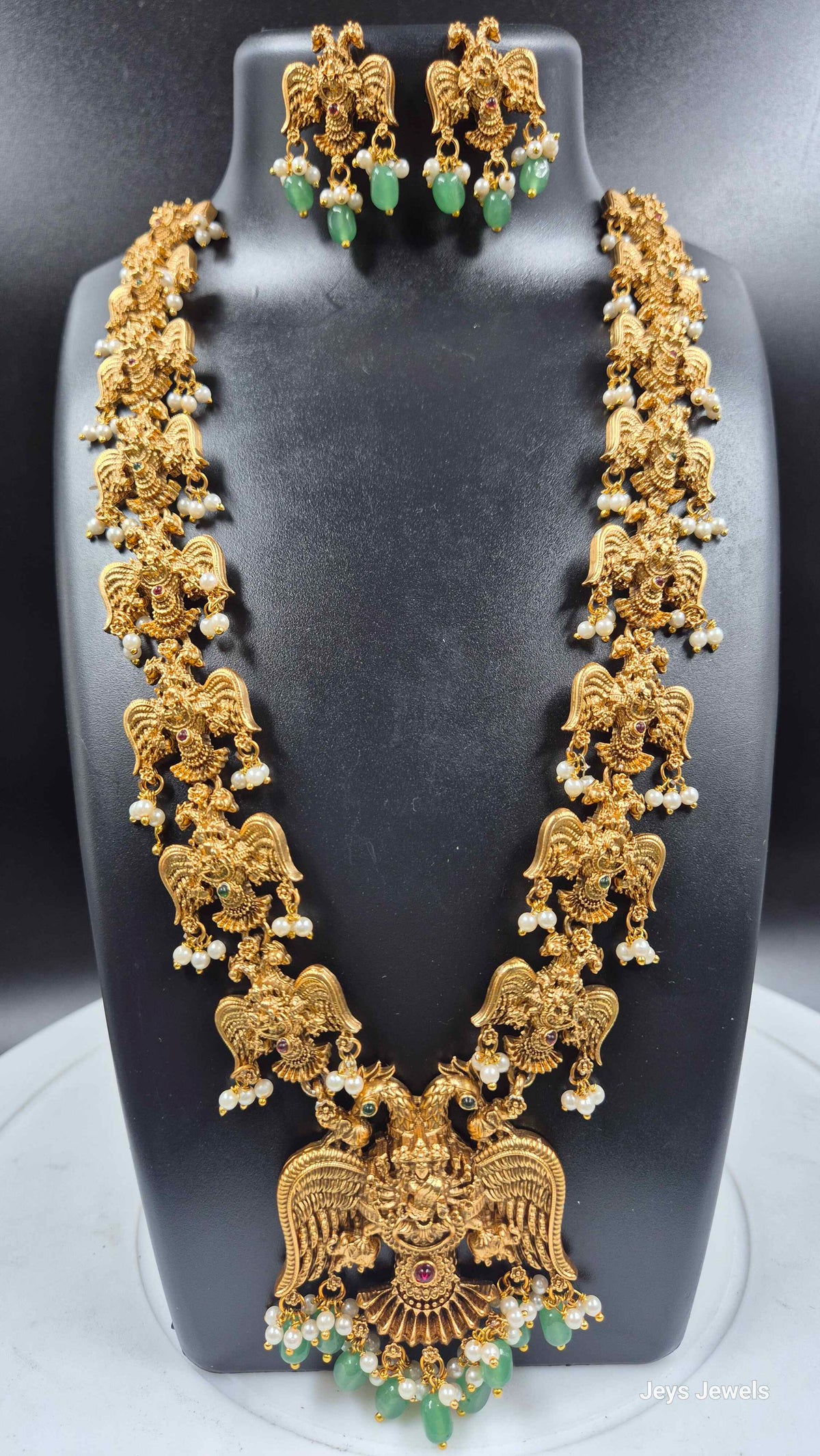 Double Headed Garuda  Set with Green Beads and Pearls
