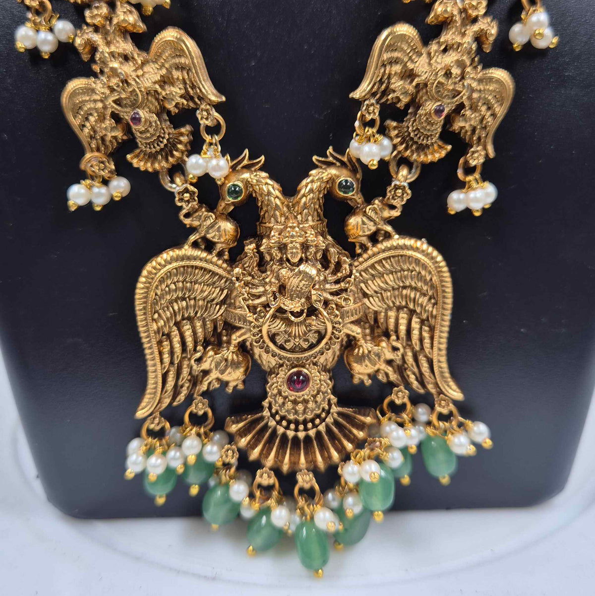 Double Headed Garuda  Set with Green Beads and Pearls