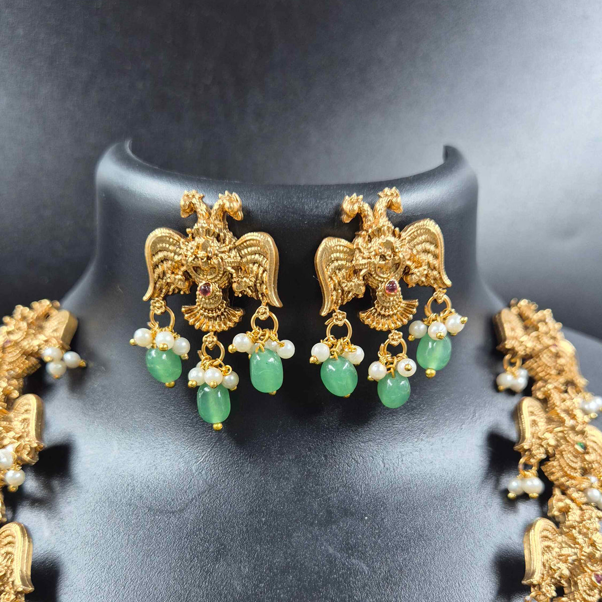 Double Headed Garuda  Set with Green Beads and Pearls