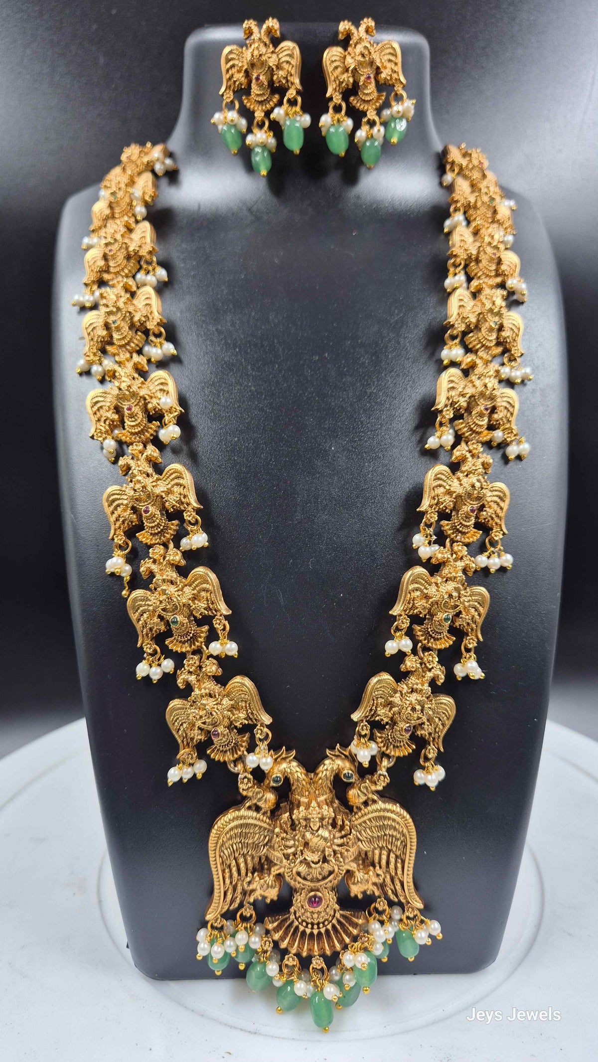 Double Headed Garuda  Set with Green Beads and Pearls