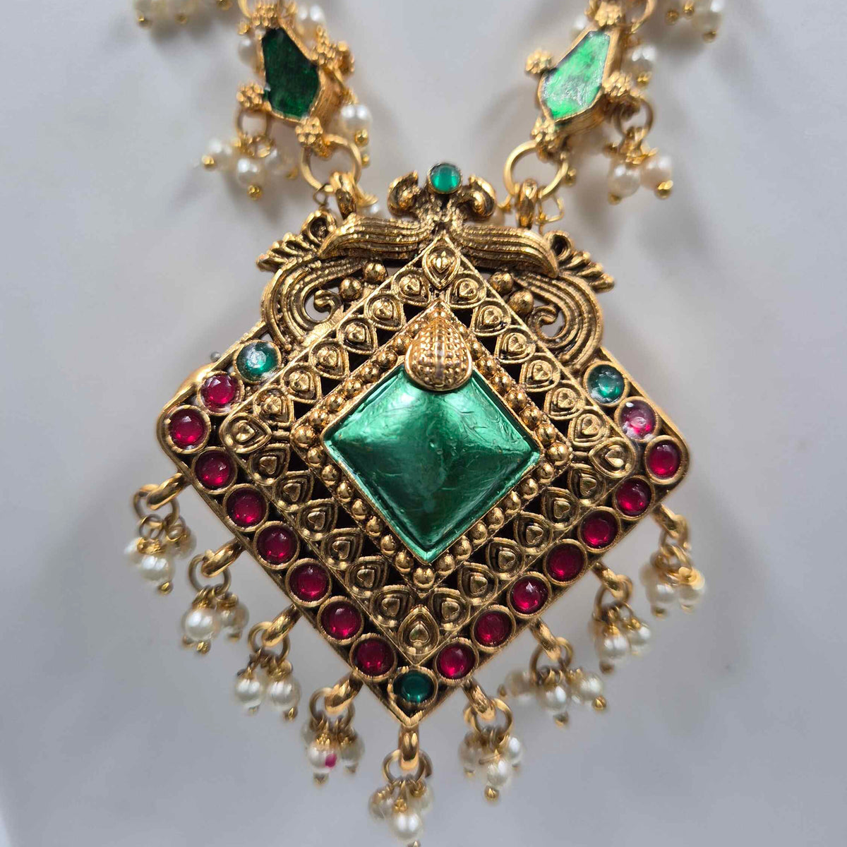 Double-Sided haram with red and green stones and Pearls
