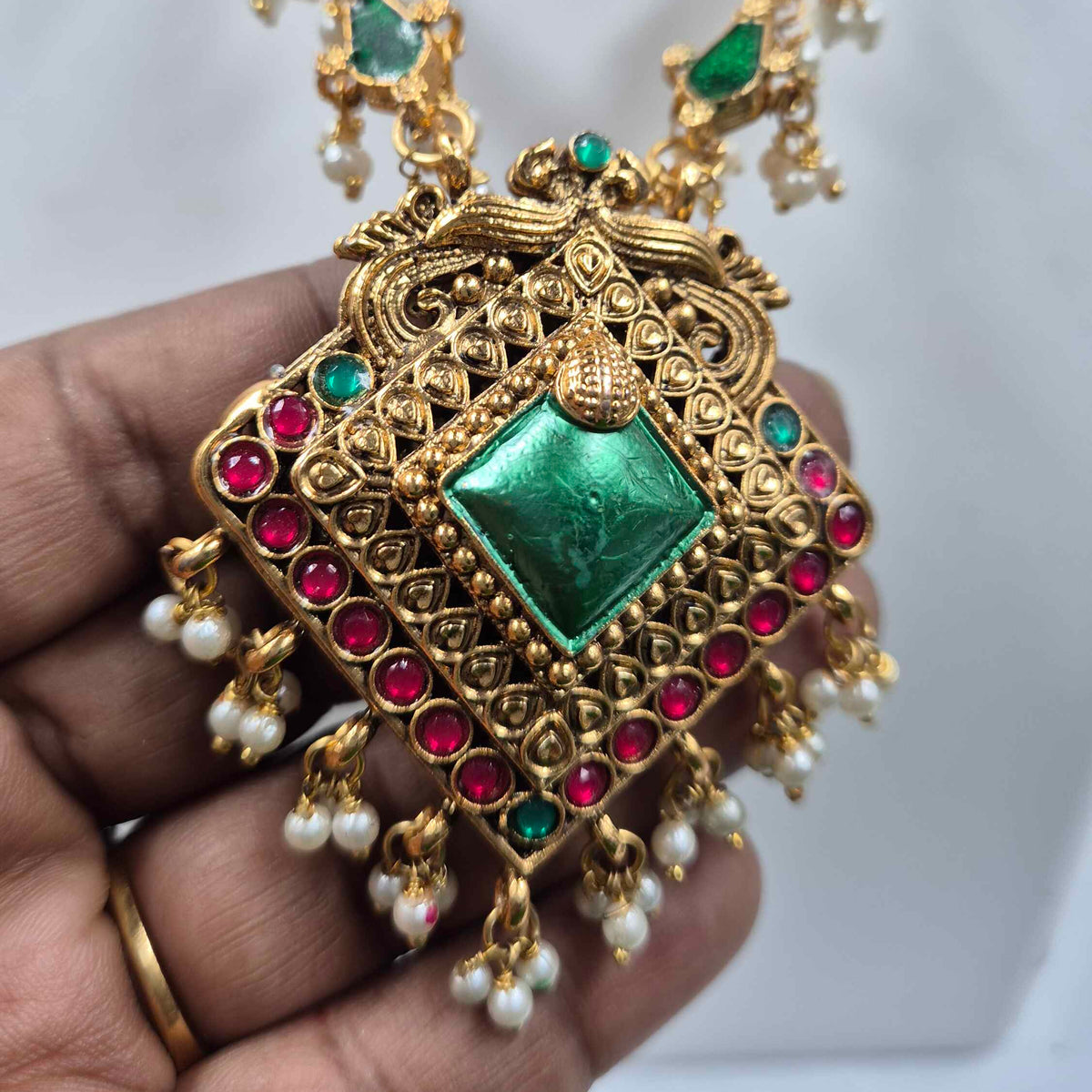 Double-Sided haram with red and green stones and Pearls