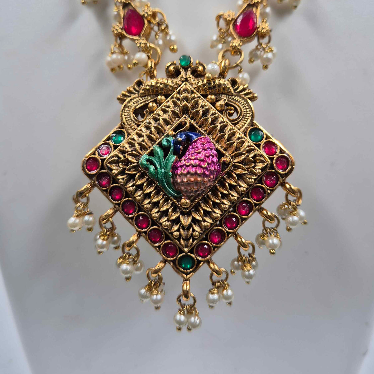 Double-Sided haram with red and green stones and Pearls