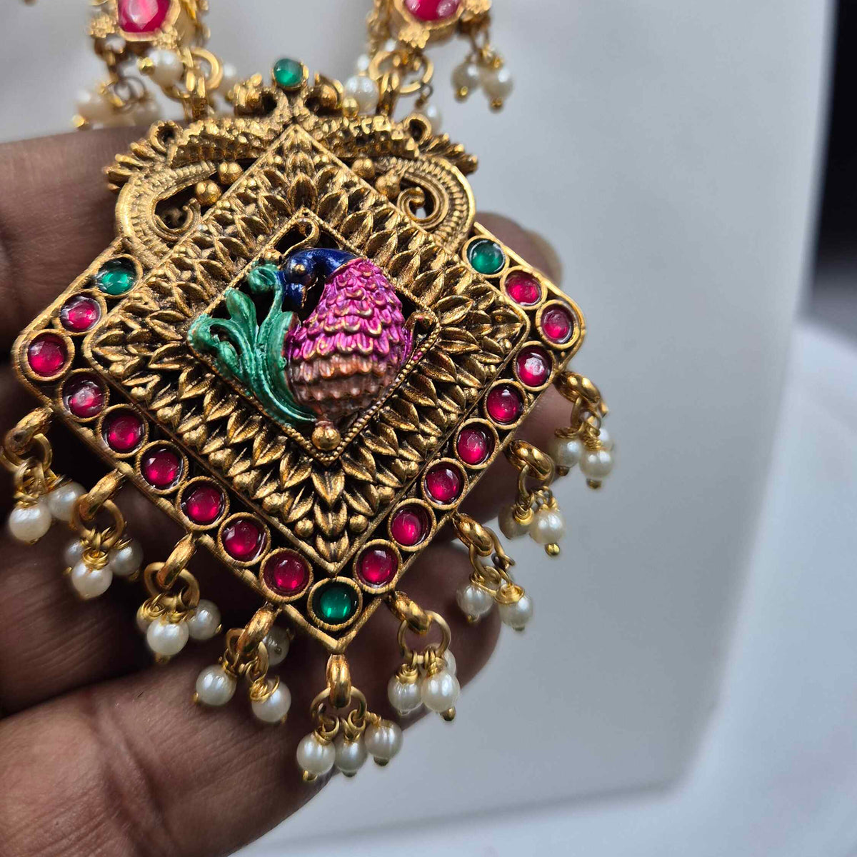 Double-Sided haram with red and green stones and Pearls