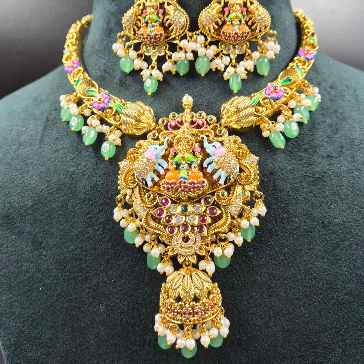 Gajalakshmi necklace with half jhumka hanging pendant