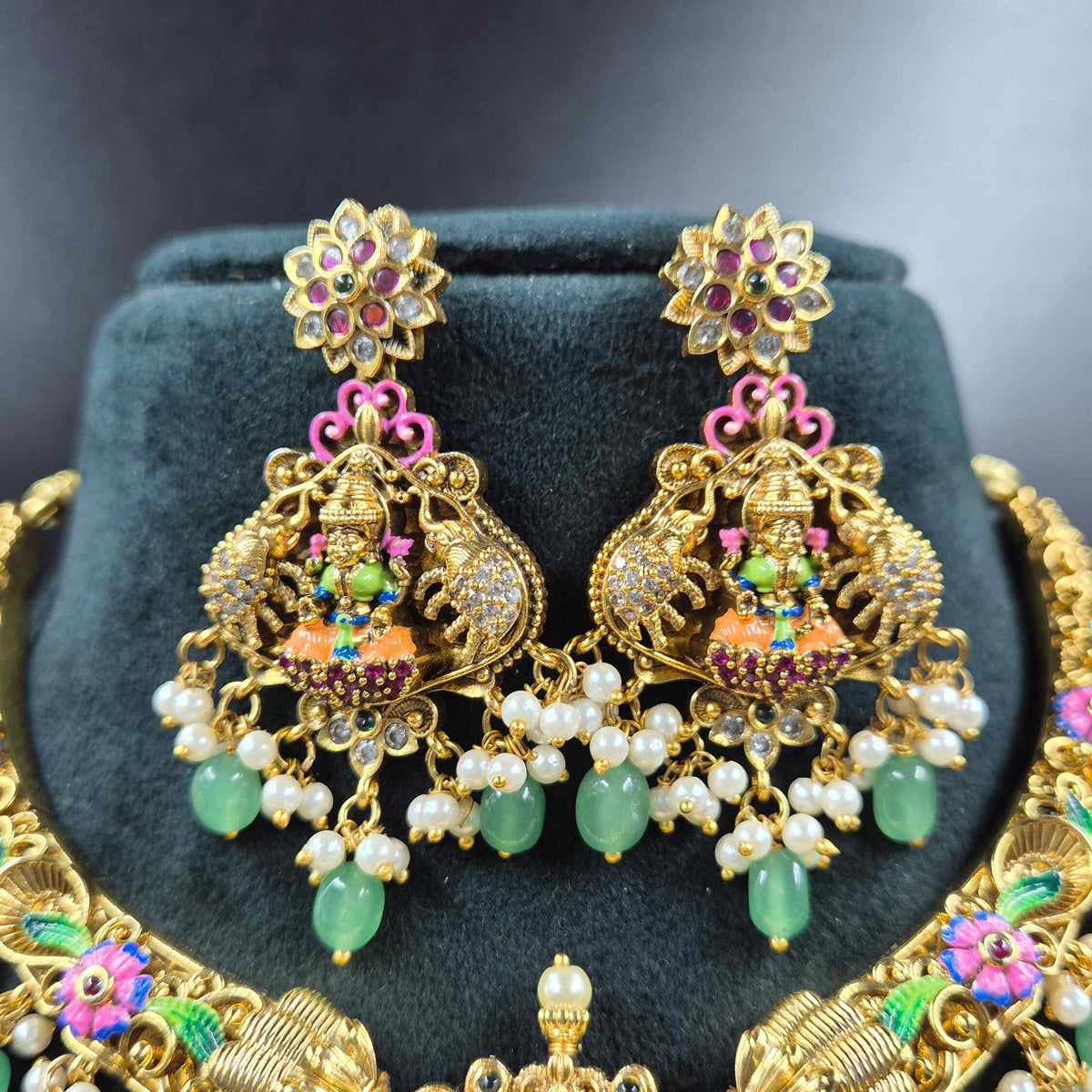 Gajalakshmi necklace with half jhumka hanging pendant