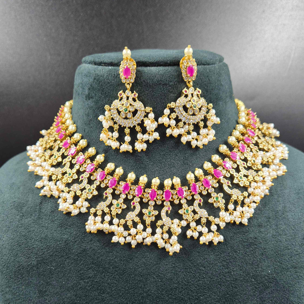 Pink Stone Peacock Guttapusalu Necklace Set with Pearl Drops