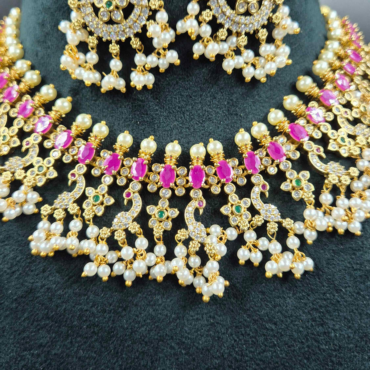 Pink Stone Peacock Guttapusalu Necklace Set with Pearl Drops