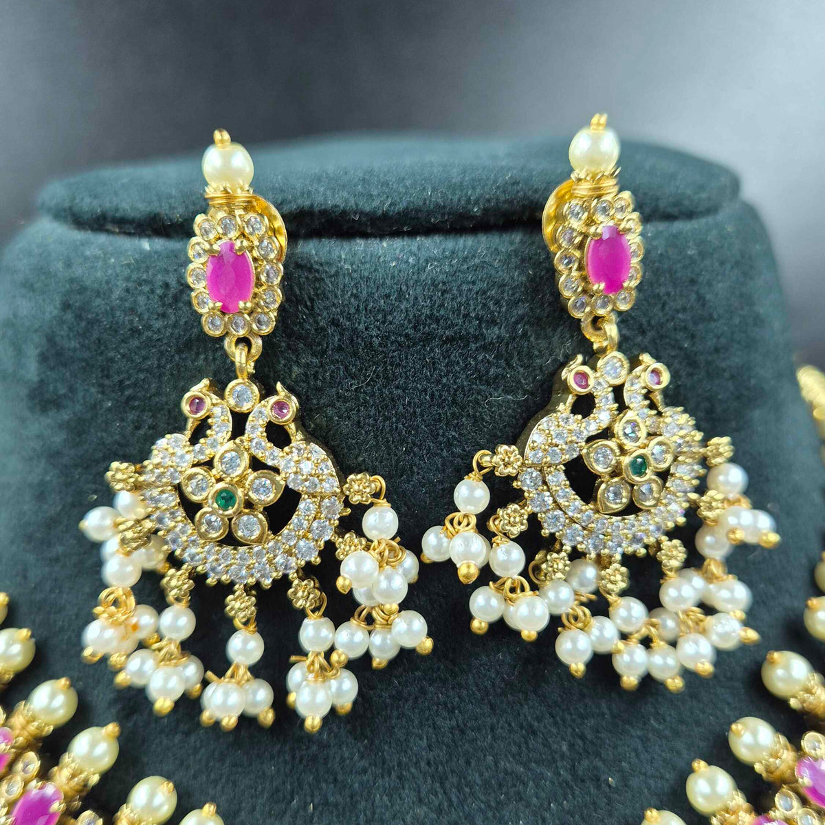 Pink Stone Peacock Guttapusalu Necklace Set with Pearl Drops