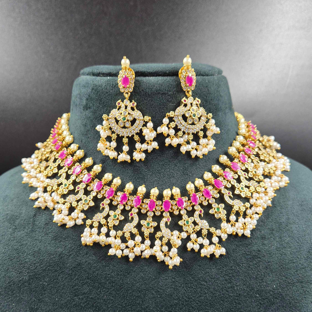 Pink Stone Peacock Guttapusalu Necklace Set with Pearl Drops