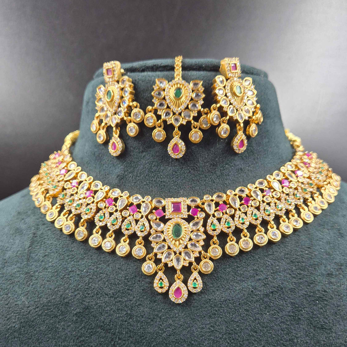 Ruby ,Green Stone AD Set with earrings and maang teeka