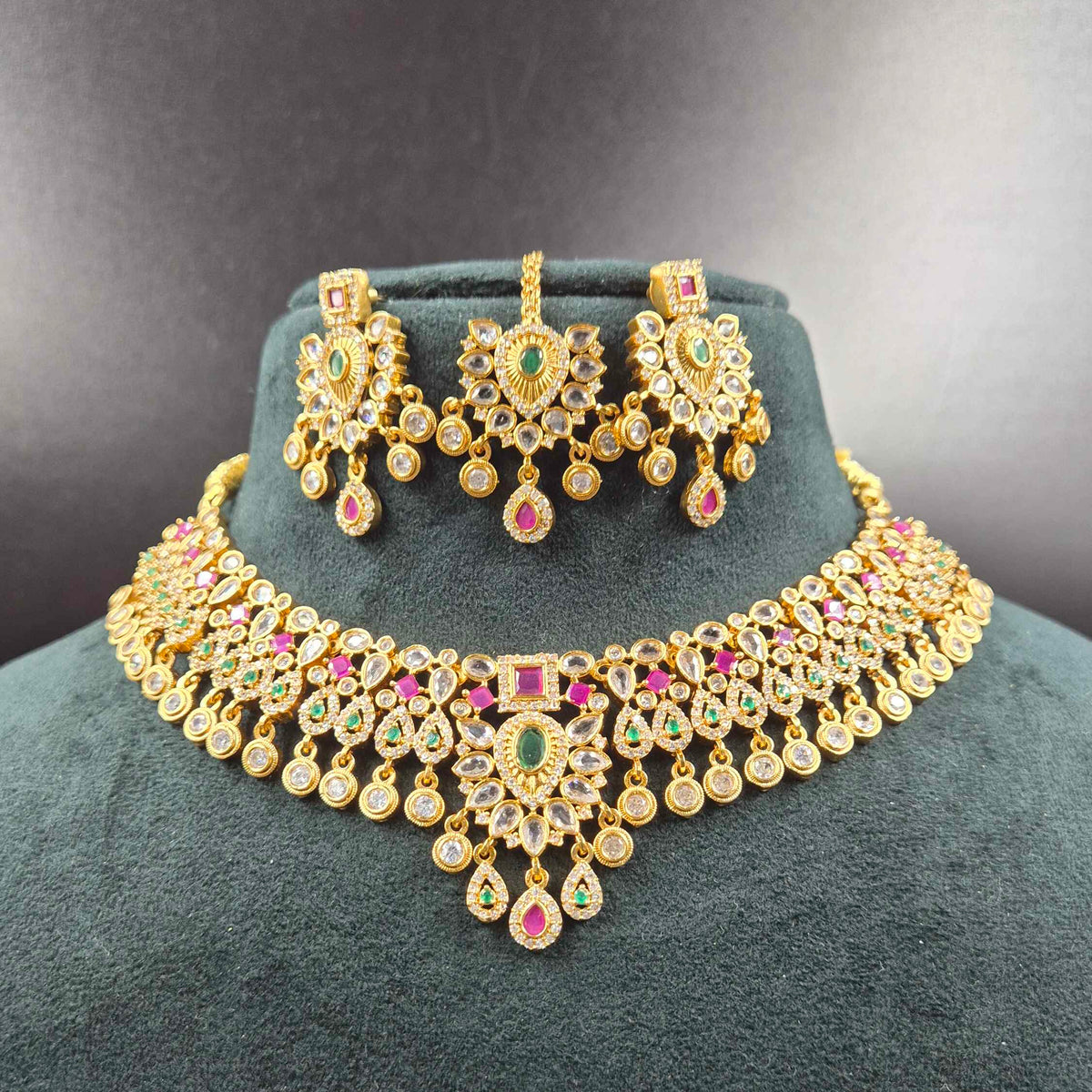 Ruby ,Green Stone AD Set with earrings and maang teeka
