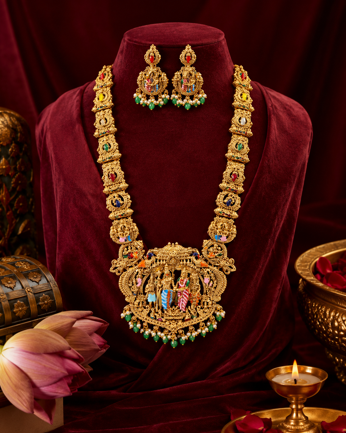 Grand Temple Srinivasa kalyanam Haram  Set with Divine Wedding Pendant & Jhumka Earrings