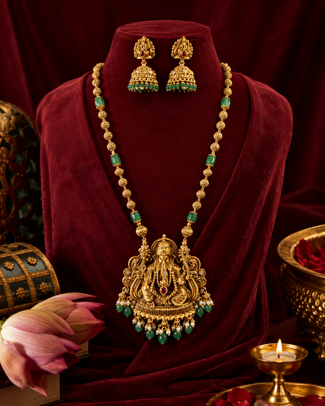 Ganesha Temple Necklace with Green Beads & Matching Jhumka Set