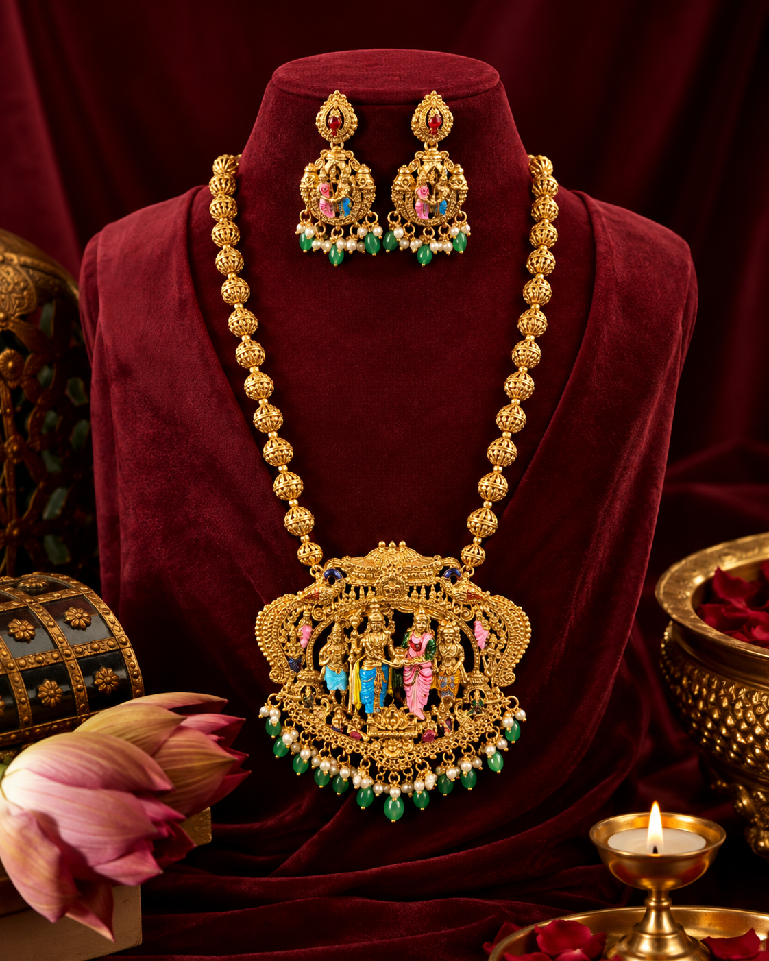 Grand Srinivasa kalyanam set,Long Haram with ball chain with Hand-Painted Motifs and Green Pearl Drops