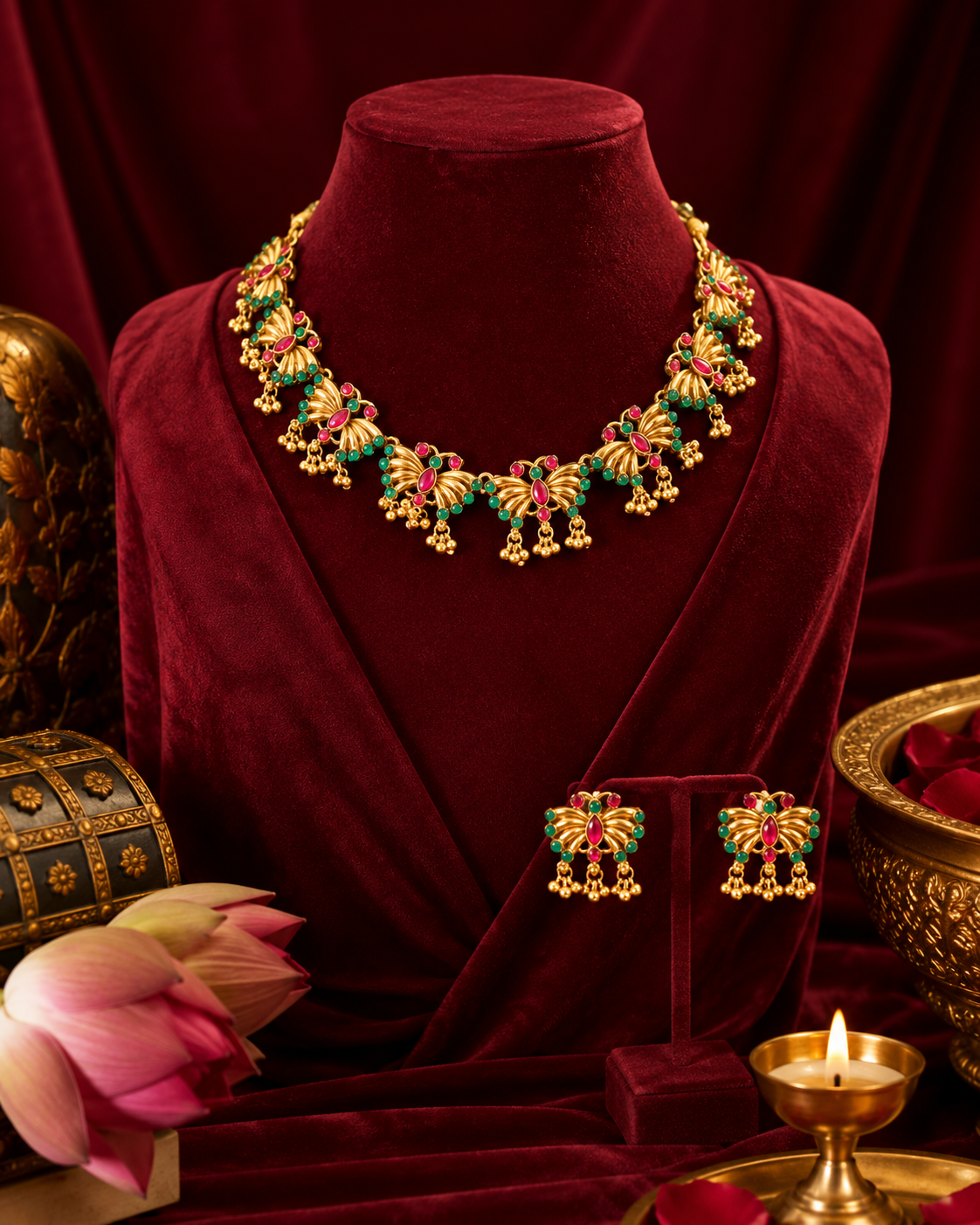 Butterfly pattern Gold Ruby & Emerald Stone Choker Necklace Set with Matching Earrings