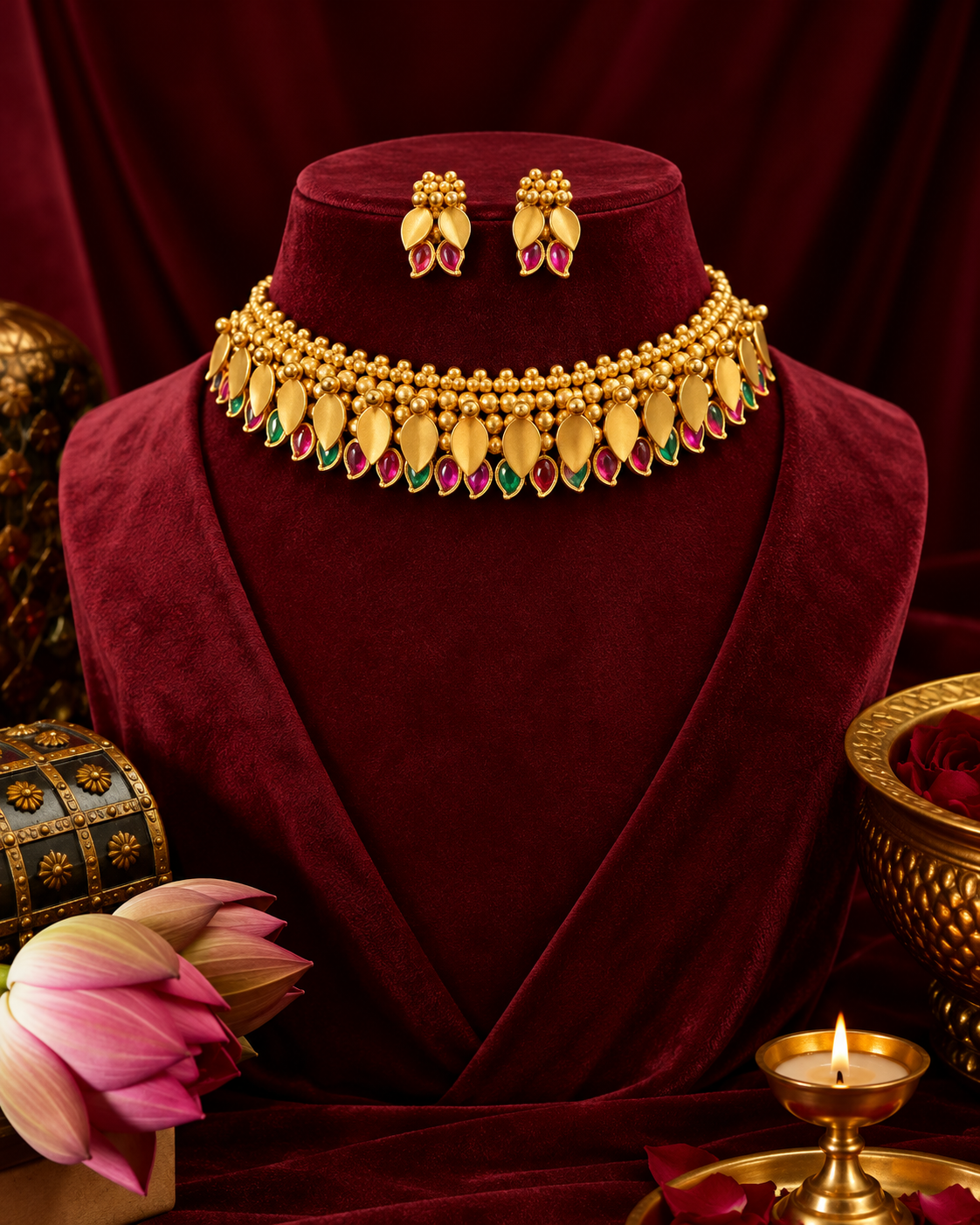 Kerala style elakkathali with green a nd red stoned mango design