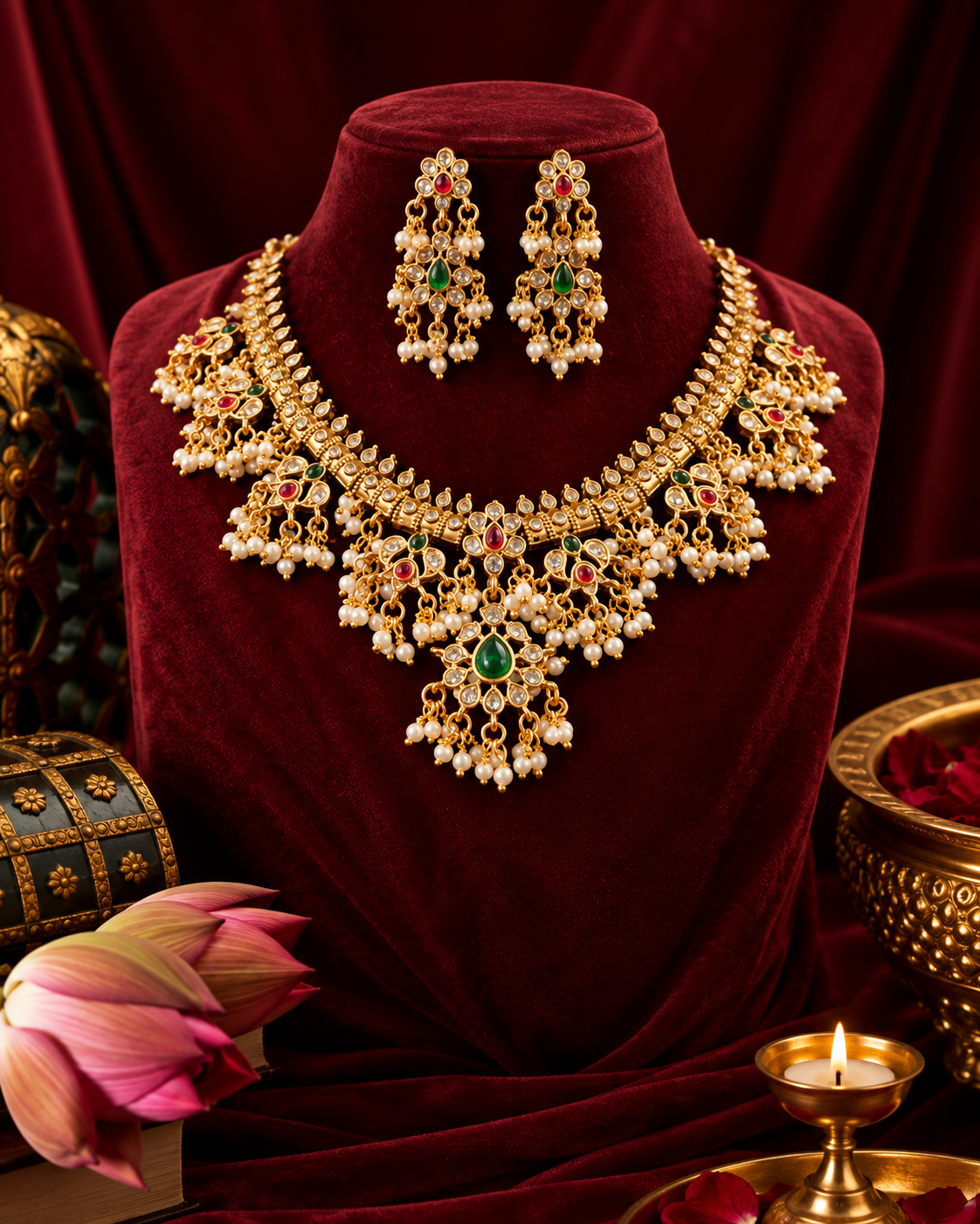 Simple Guttapusalu Necklace Set with Green and Ruby Stones