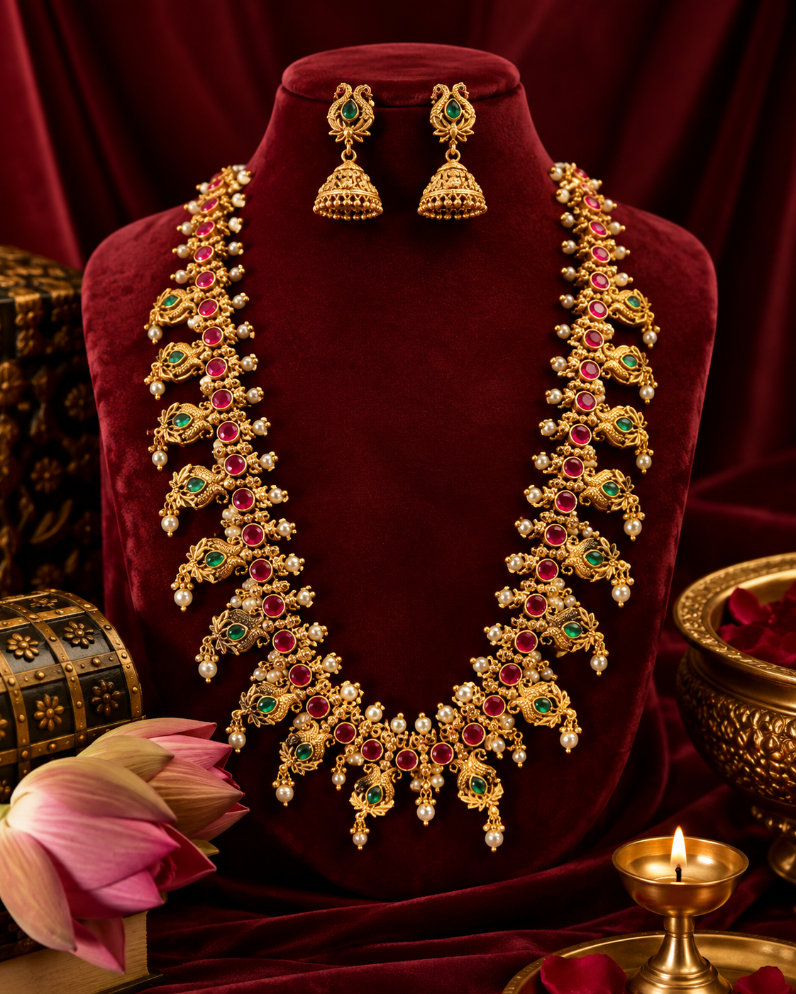 Traditional Peacock Haram Necklace with Ruby Green Stones and Pearls