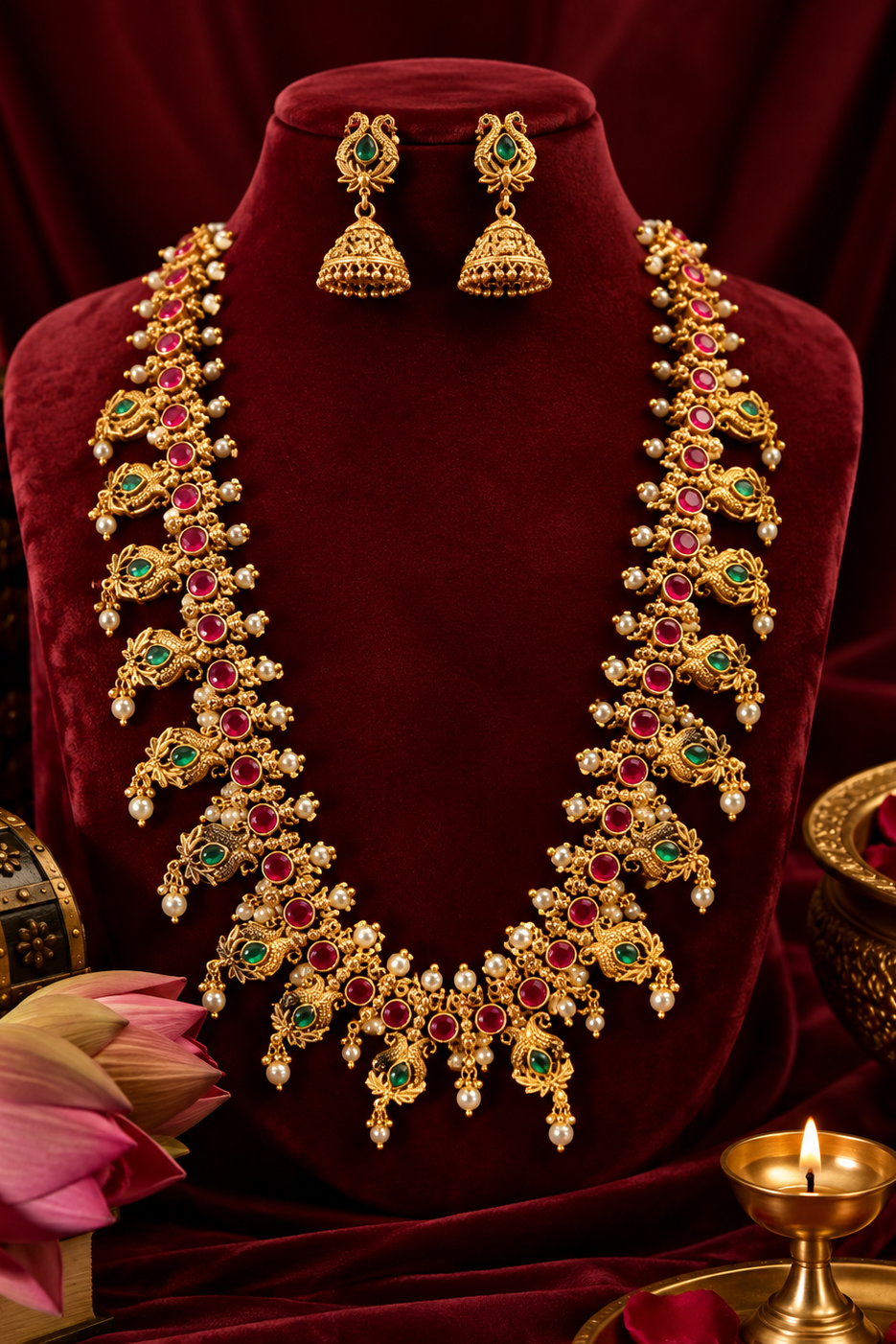 Traditional Peacock Haram Necklace with Ruby Green Stones and Pearls