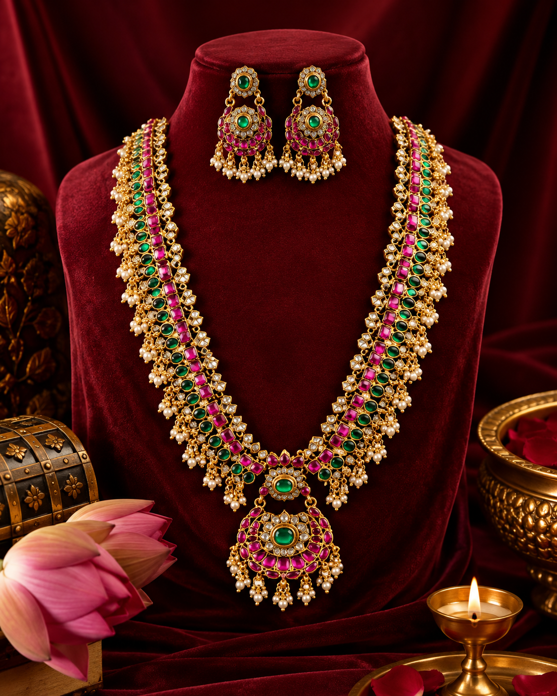 Jadau Kundan Green and Pink Stone Long Necklace Set with Pearls