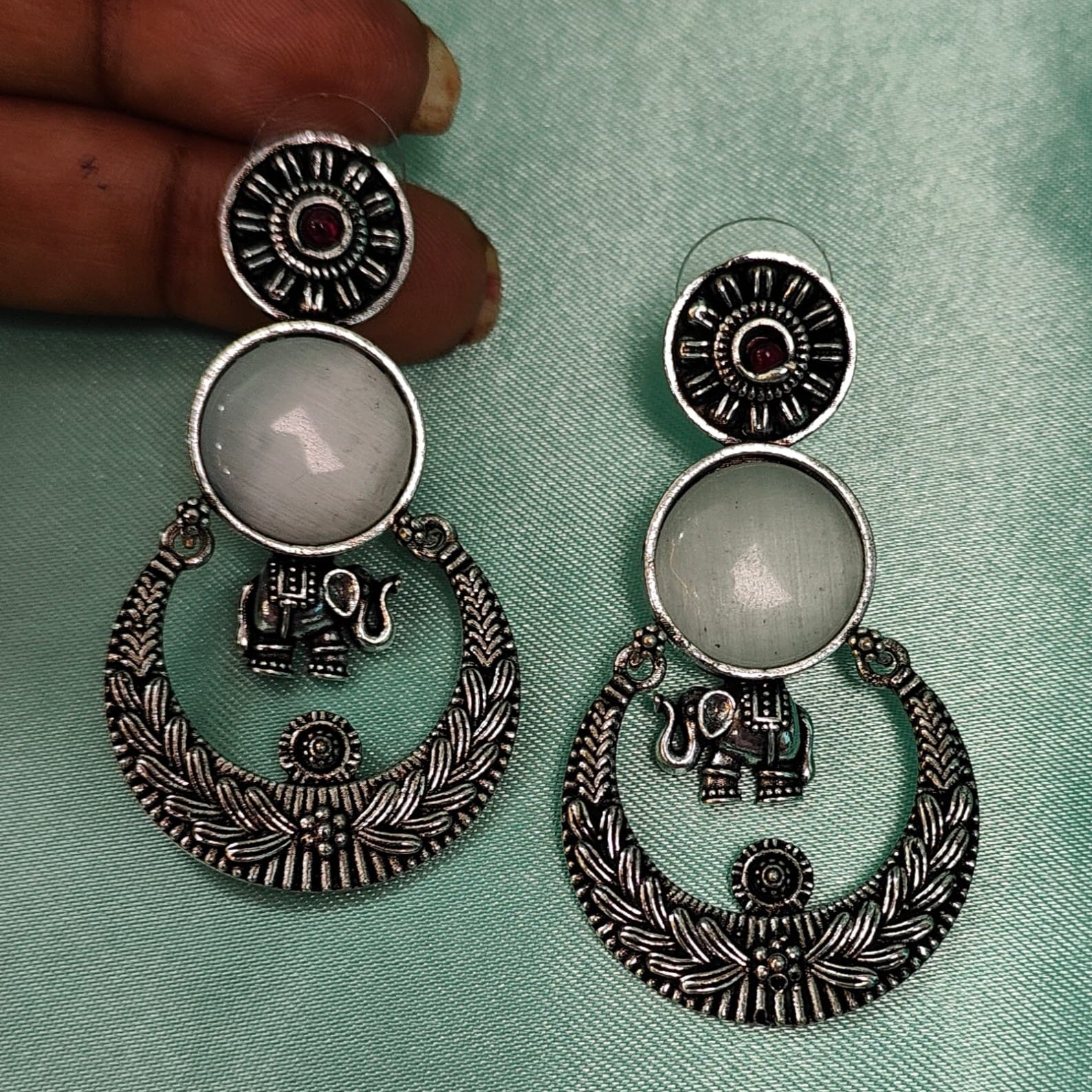 Oxidised Chandbali Silver Elephant Earrings  with Yellow,white,blue and brown Stone – Handcrafted  Tribal Ethnic Jewelry