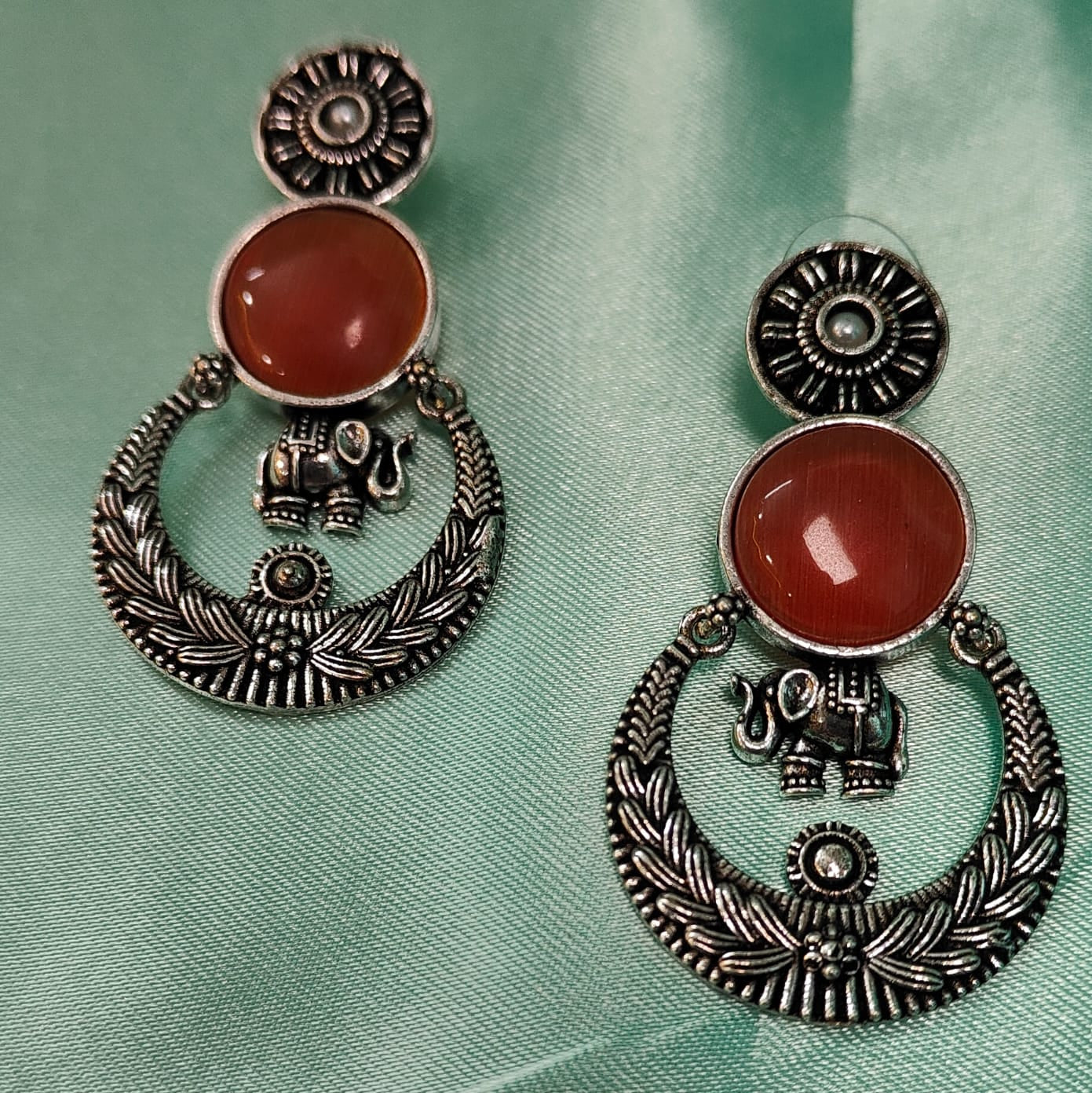 Oxidised Chandbali Silver Elephant Earrings  with Yellow,white,blue and brown Stone – Handcrafted  Tribal Ethnic Jewelry