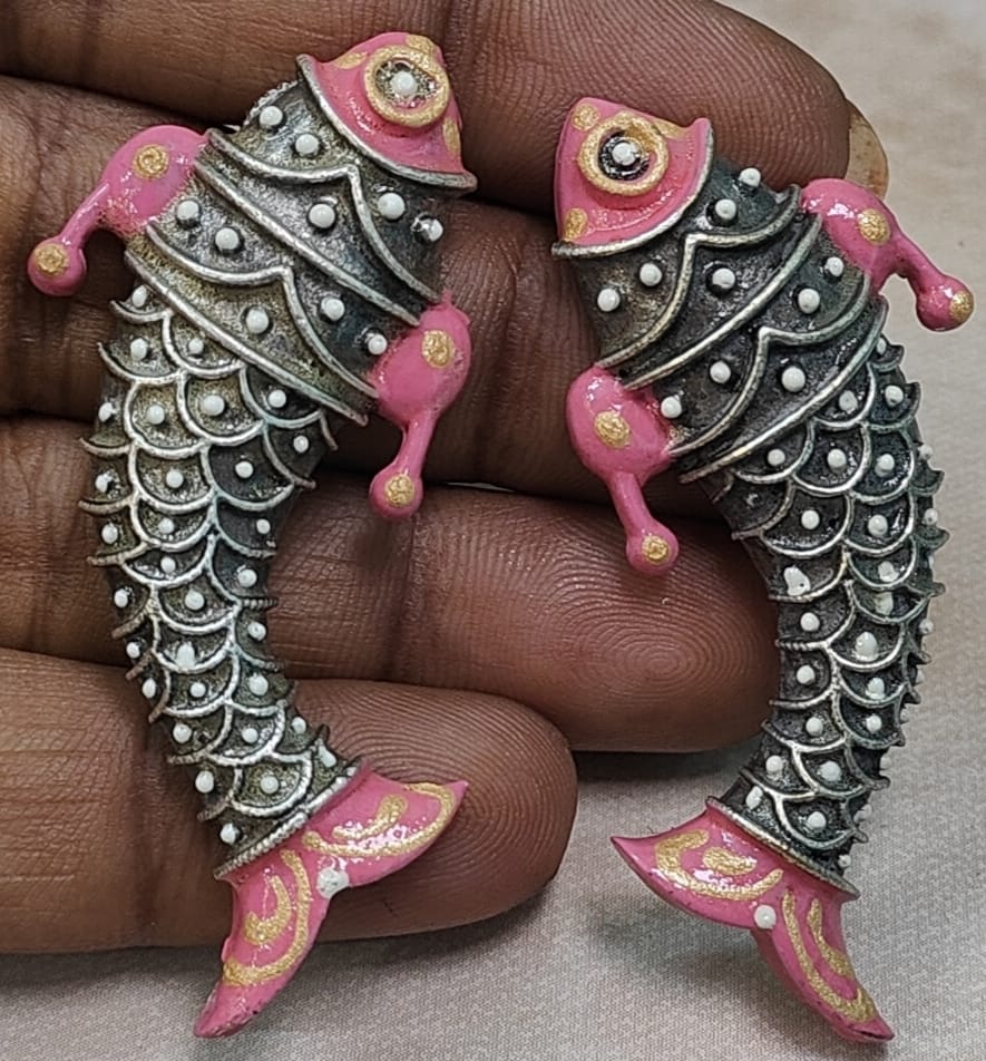 Oxidised Silver Fish Earrings with  Pink Enamel – Handcrafted Artistic  Tribal Jewellery