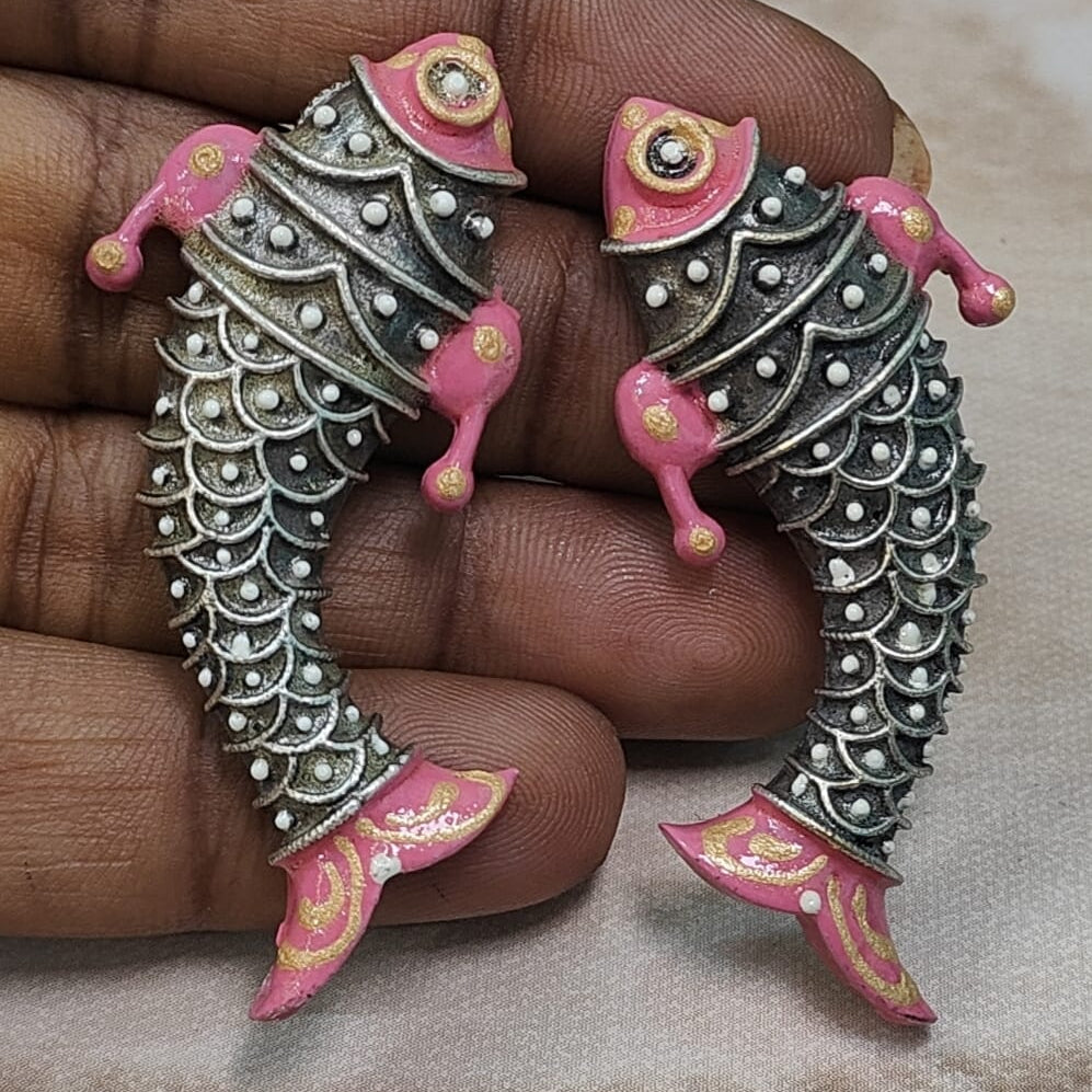 Oxidised Silver Fish Earrings with  Pink Enamel – Handcrafted Artistic  Tribal Jewellery
