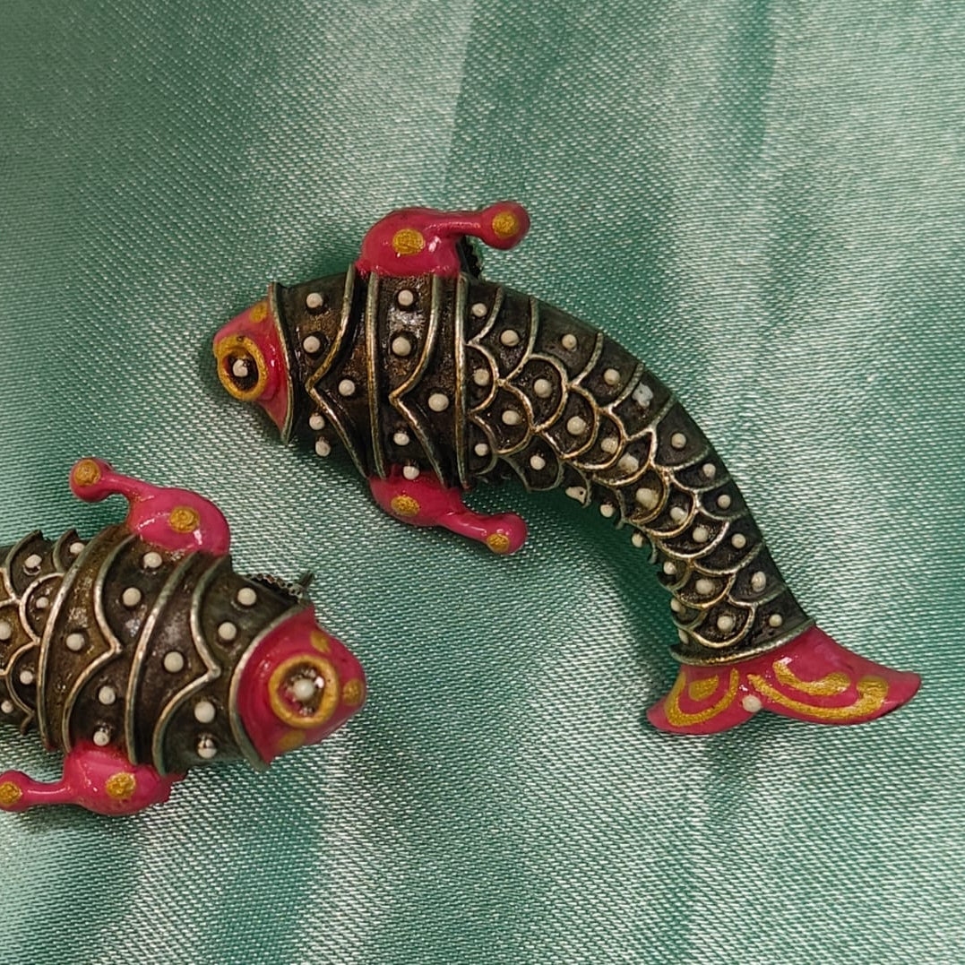 Oxidised Silver Fish Earrings with  Pink Enamel – Handcrafted Artistic  Tribal Jewellery