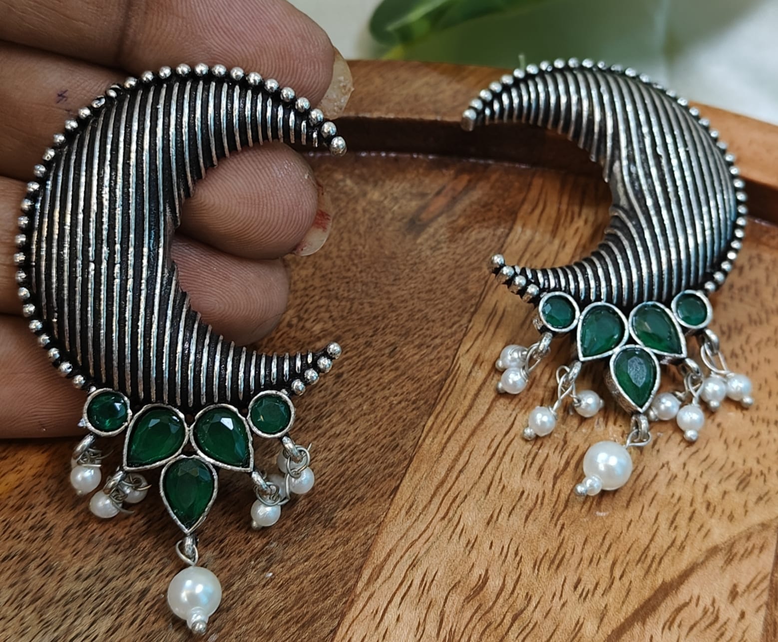 Oxidised Silver Crescent Moon  Earrings with Green Stones and  Pearls – Handcrafted Ethnic  Jewelry