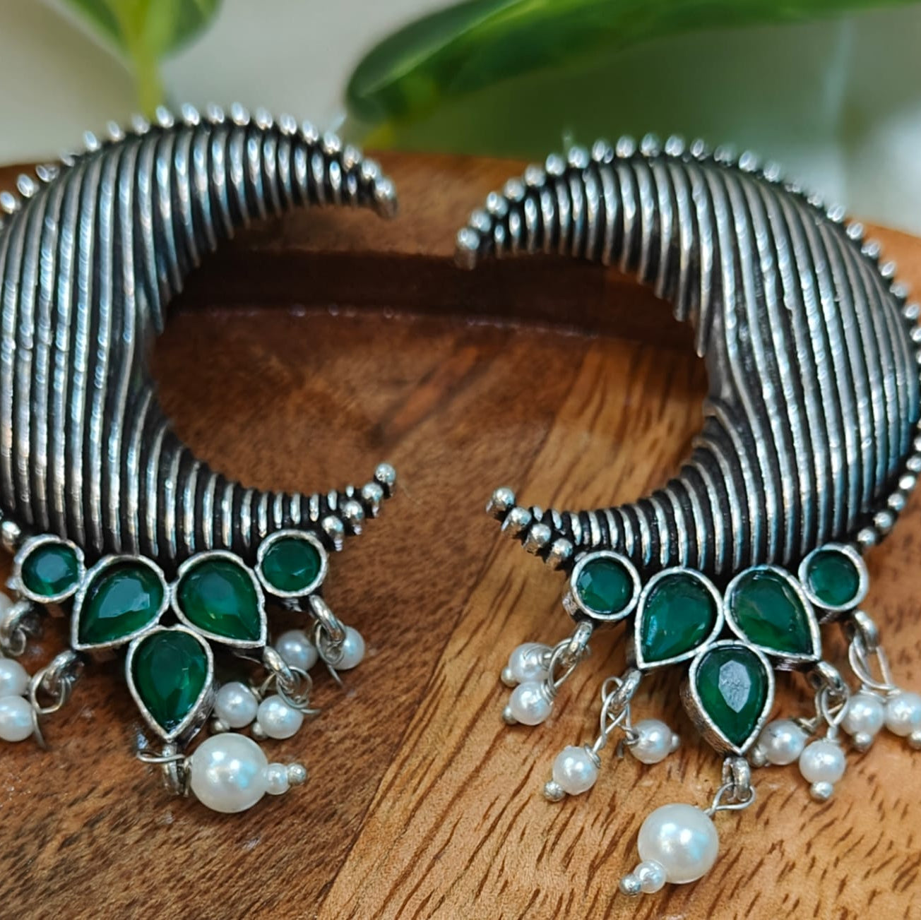 Oxidised Silver Crescent Moon  Earrings with Green Stones and  Pearls – Handcrafted Ethnic  Jewelry