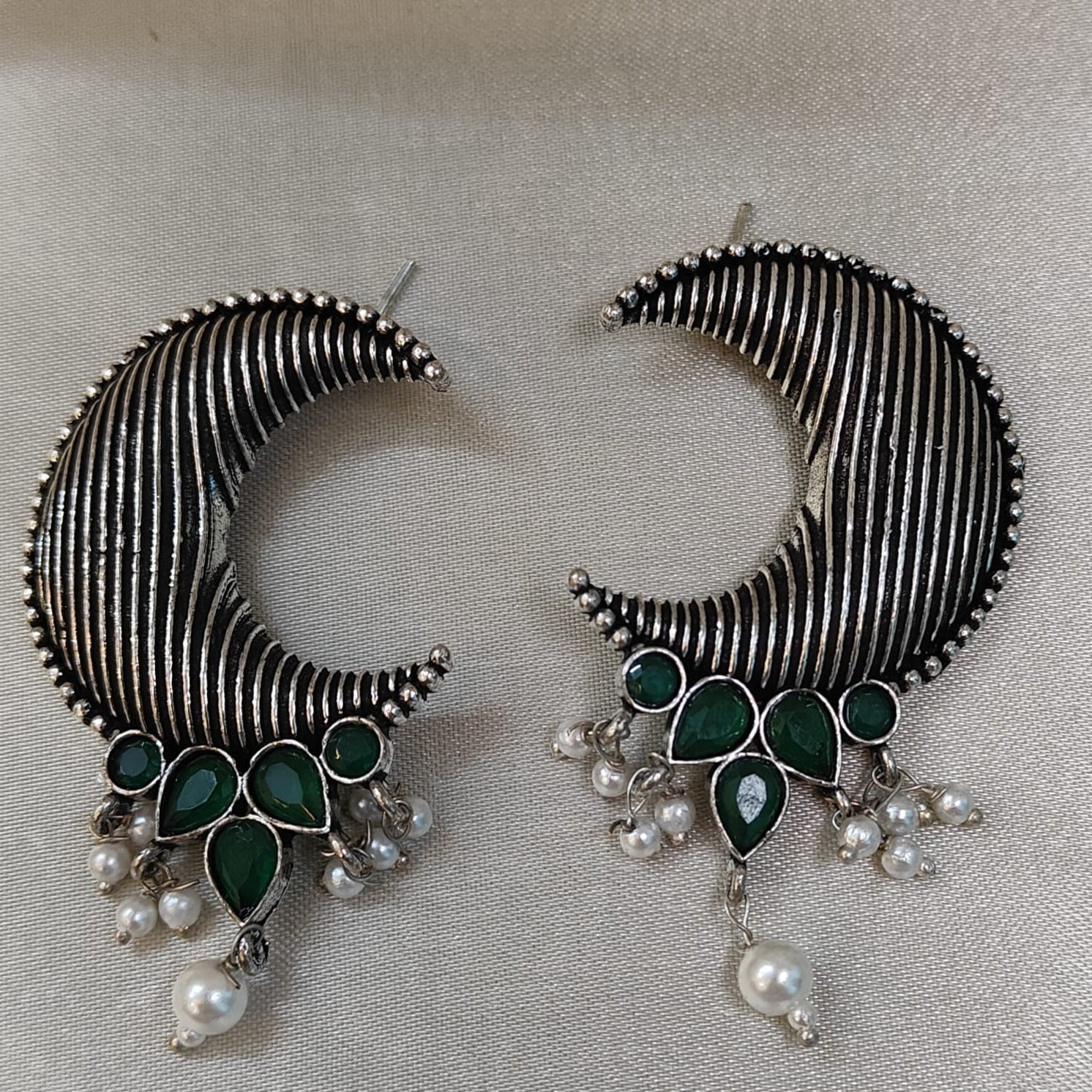 Oxidised Silver Crescent Moon  Earrings with Green Stones and  Pearls – Handcrafted Ethnic  Jewelry