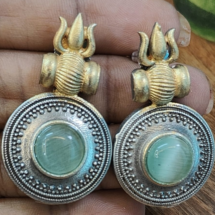 Antique Tribal Trishul Green Stone  Stud Earrings