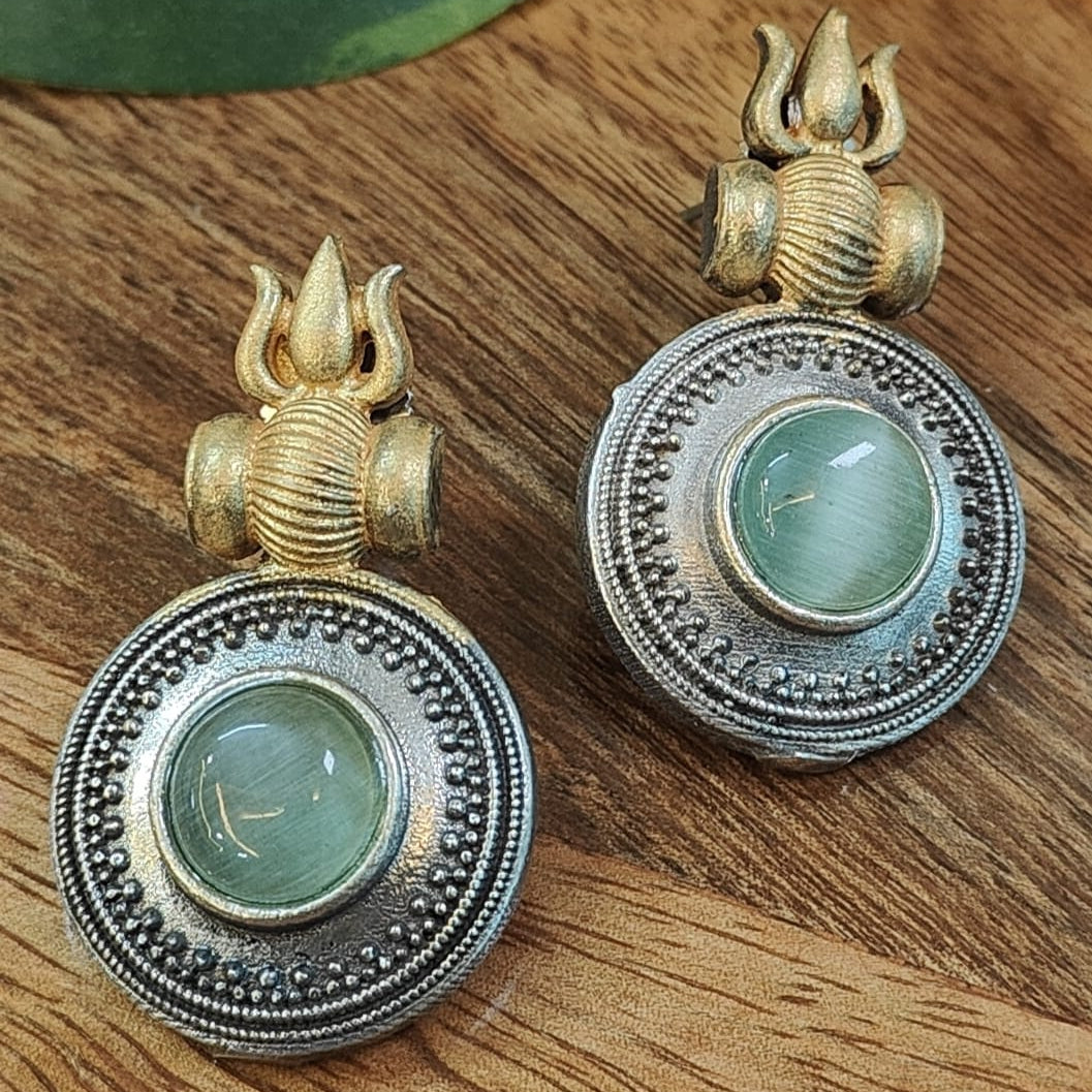 Antique Tribal Trishul Green Stone  Stud Earrings