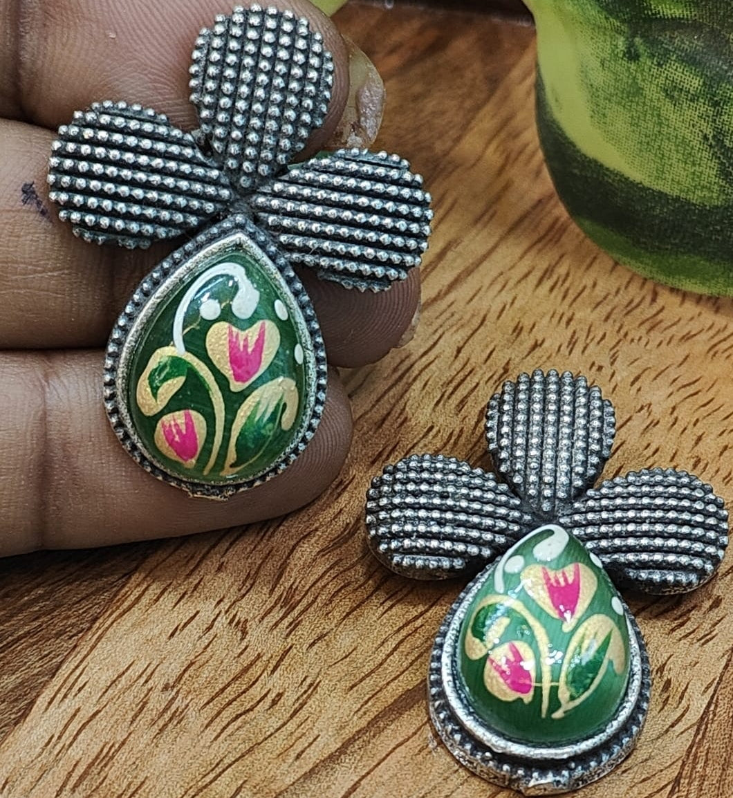 Oxidised Silver Meenakari Earrings  with Green Teardrop Floral Design