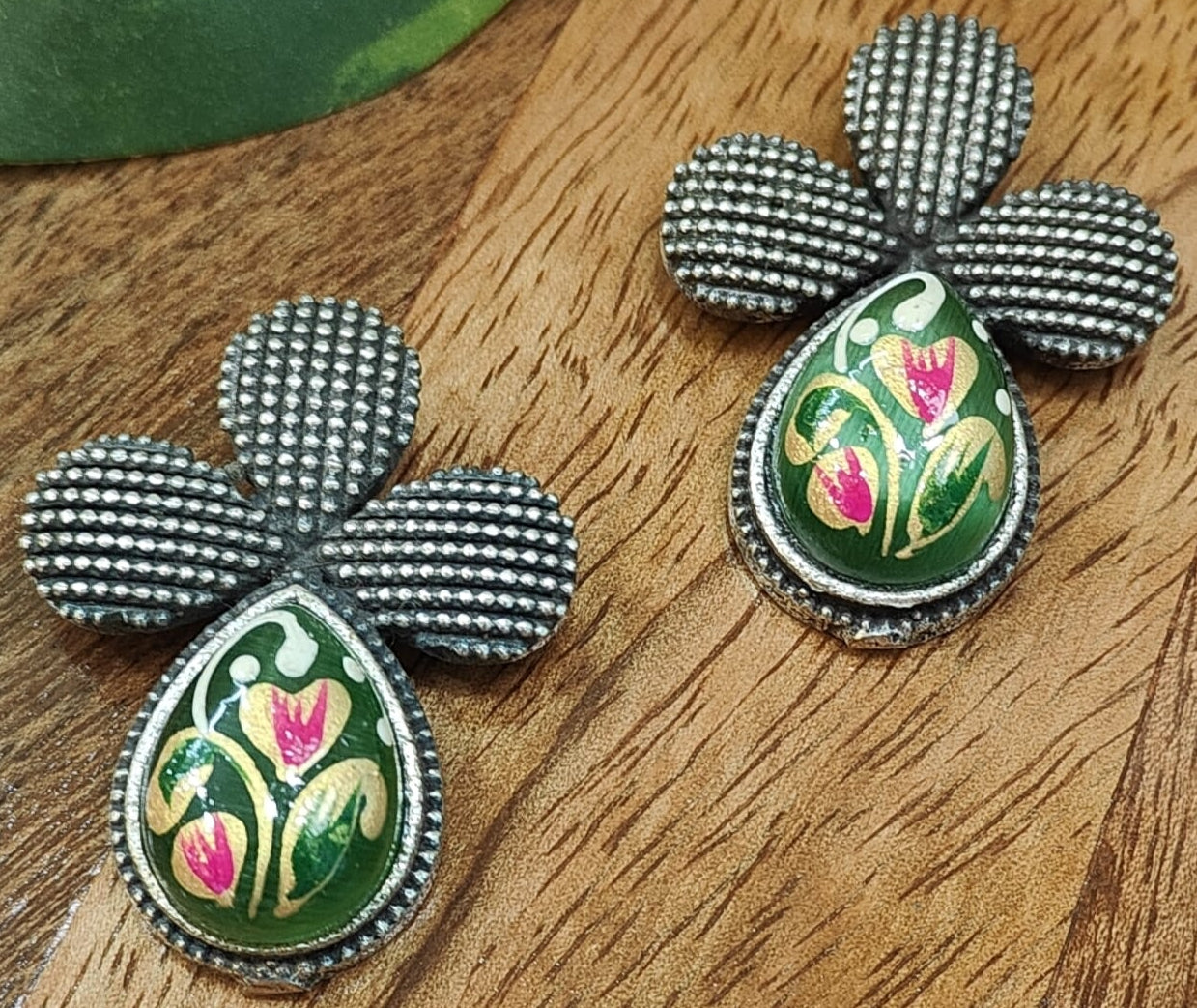 Oxidised Silver Meenakari Earrings  with Green Teardrop Floral Design