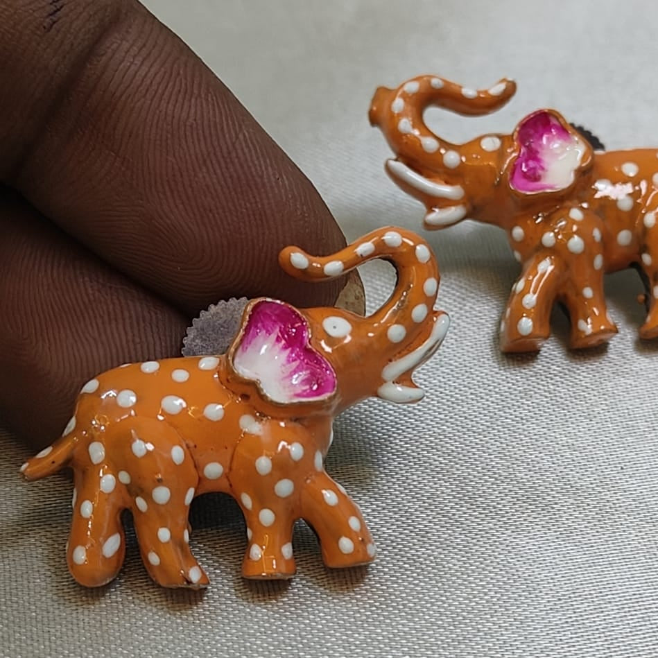 Meenakari Handcrafted Elephant Design  Enamel Earrings – Orange & White  Polka Style
