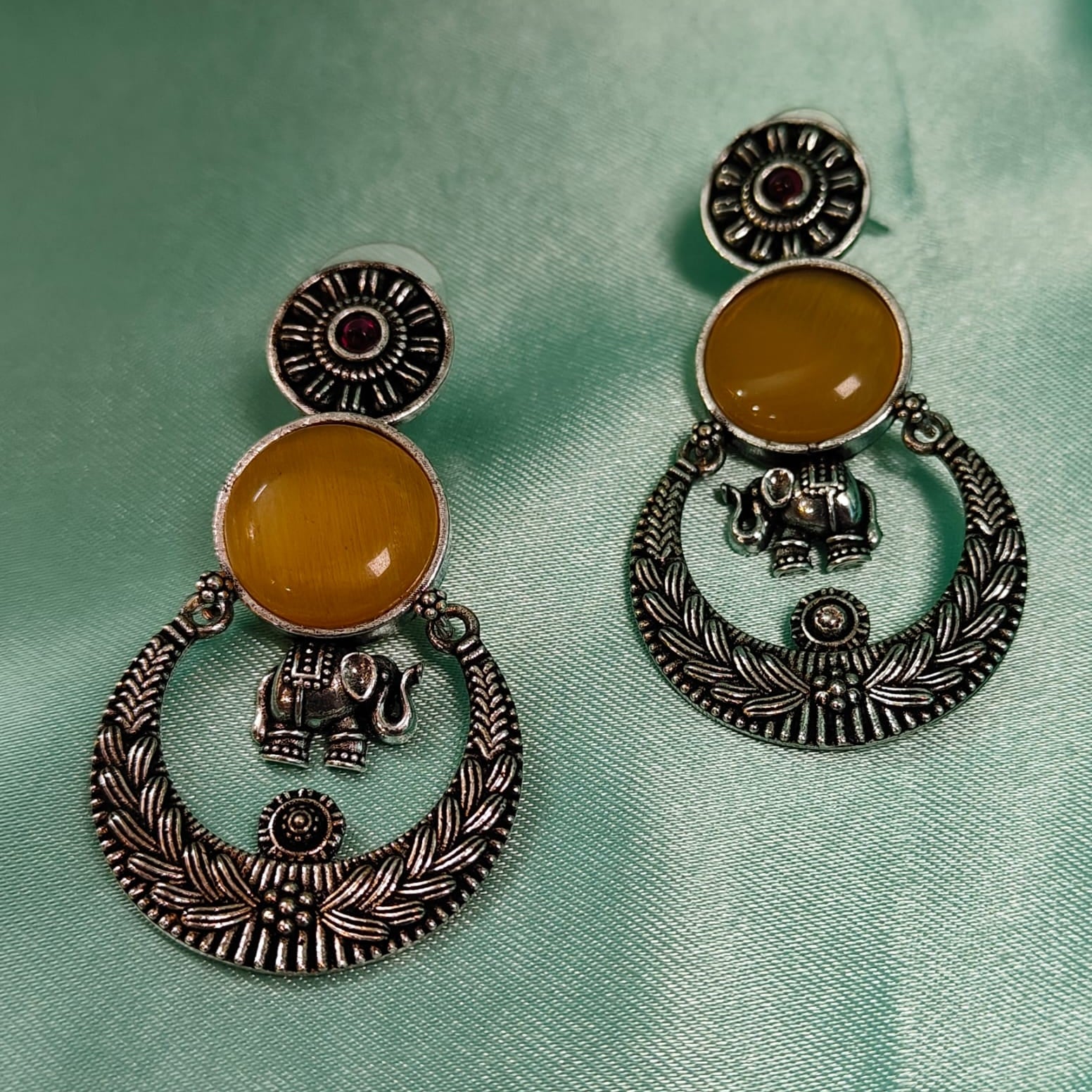 Oxidised Chandbali Silver Elephant Earrings  with Yellow,white,blue and brown Stone – Handcrafted  Tribal Ethnic Jewelry