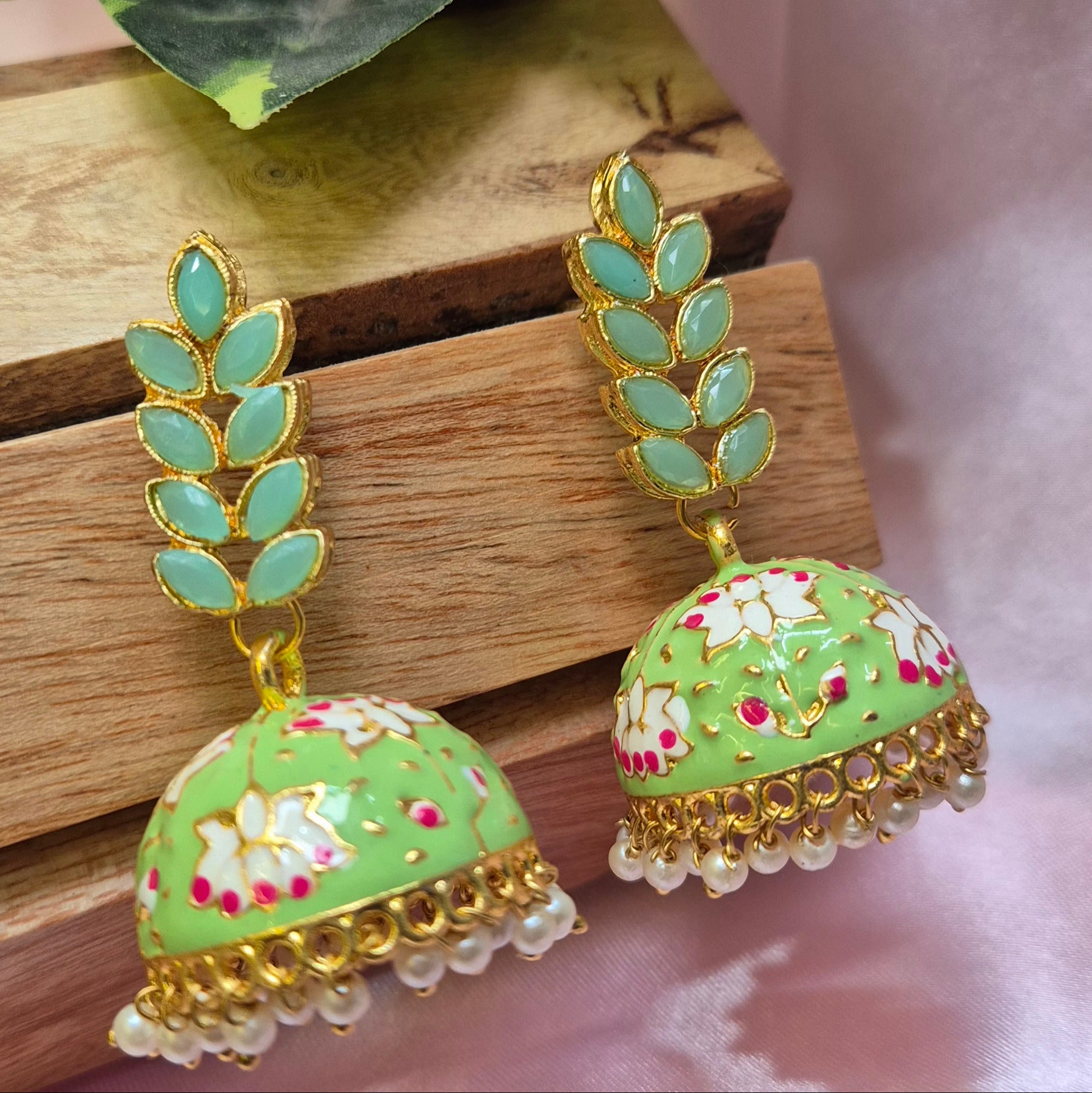 Meenakari Red Jhumka With Pearls