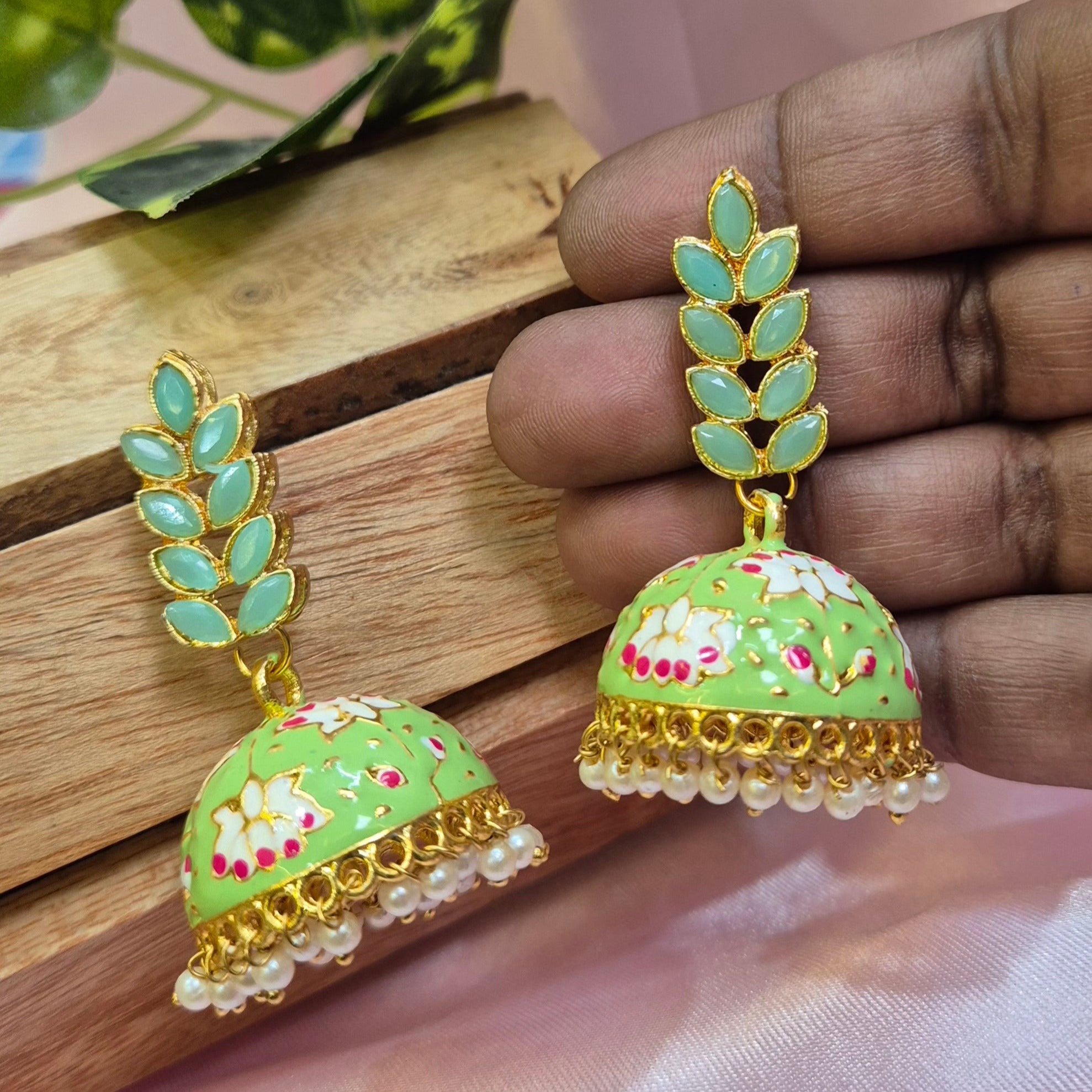 Meenakari Red Jhumka With Pearls