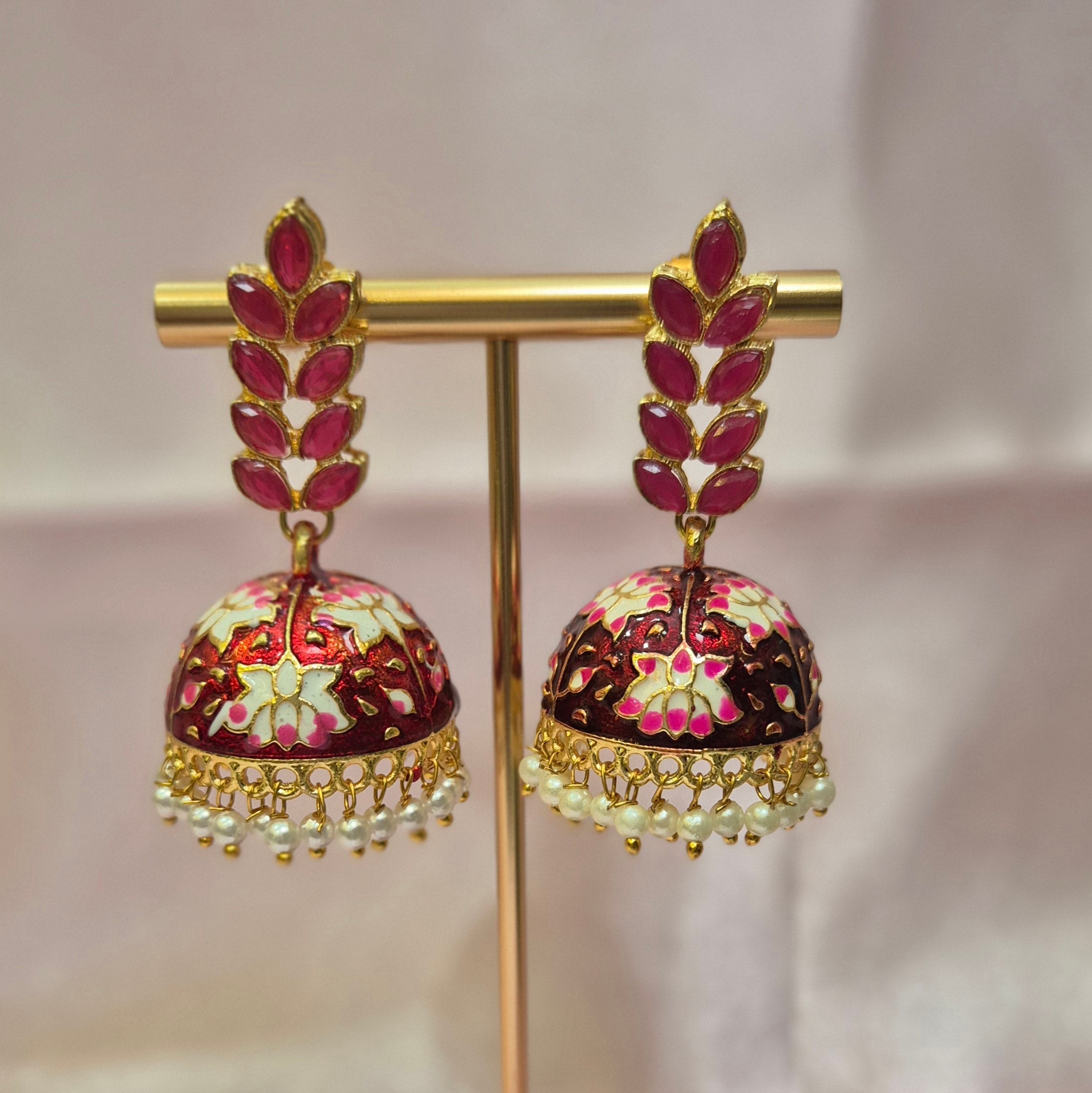 Meenakari Red Jhumka With Pearls