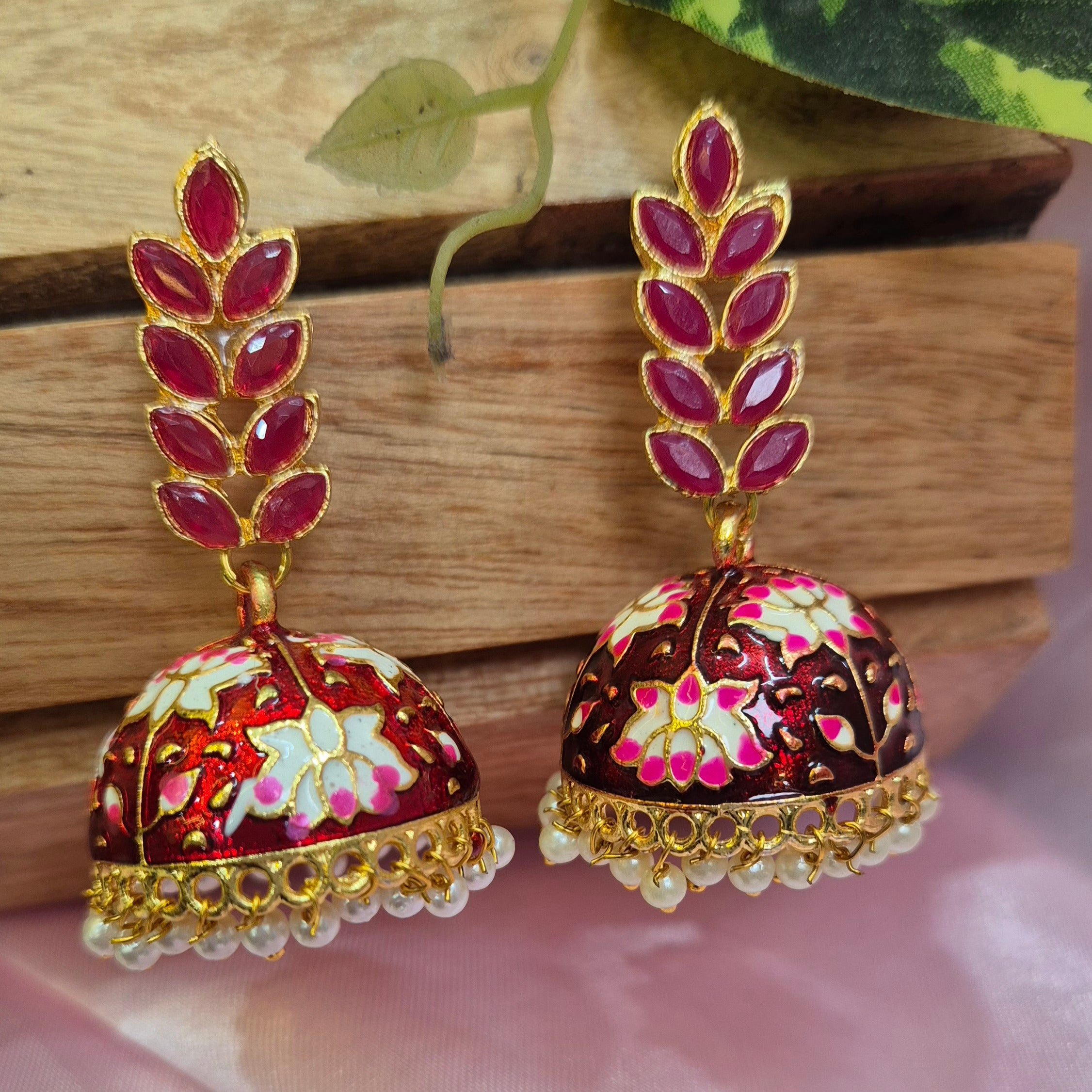 Meenakari Red Jhumka With Pearls