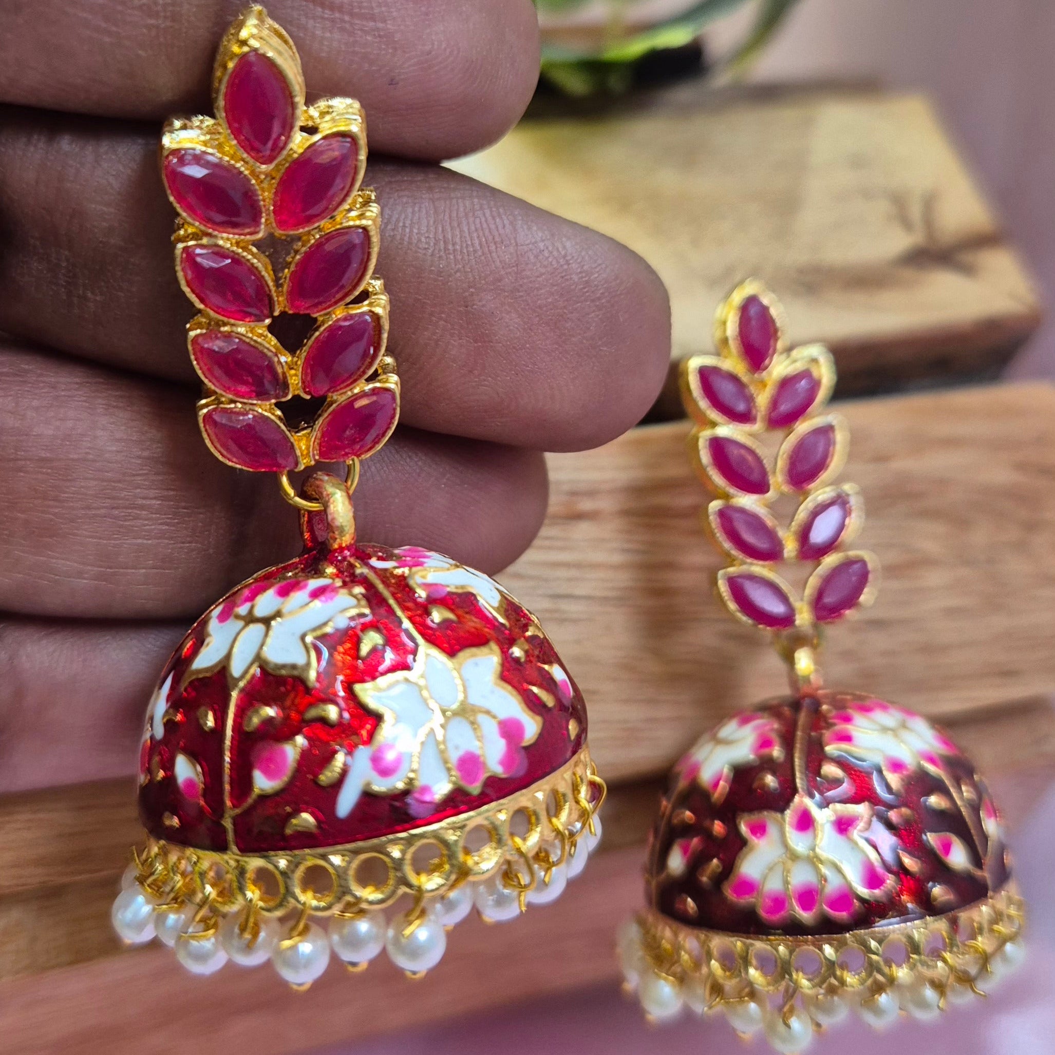 Meenakari Red Jhumka With Pearls